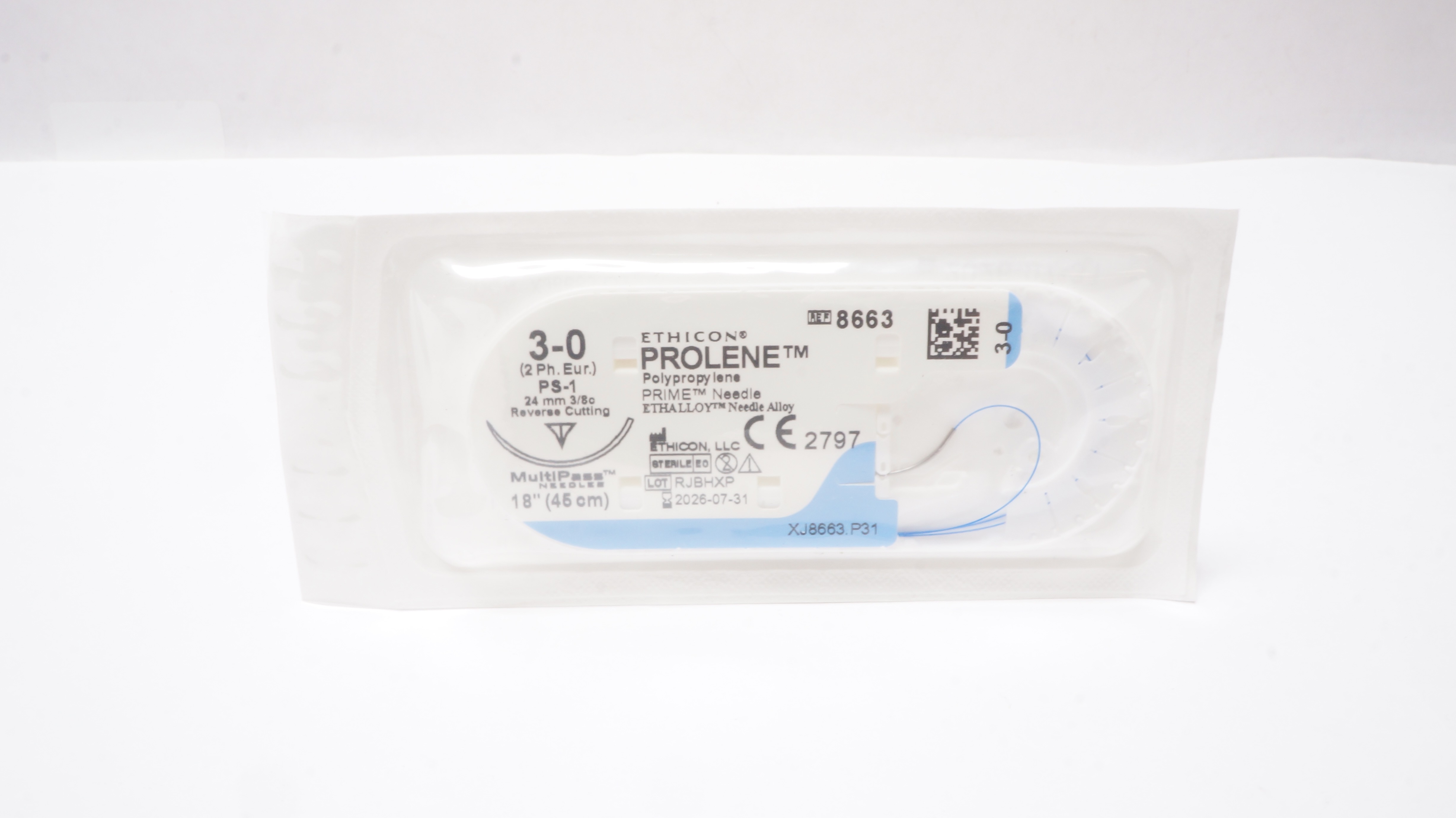 Ethicon 8663 3-0 Prolene Stre PS-1 24mm 3/8c Reverse Cutting, 18 inch