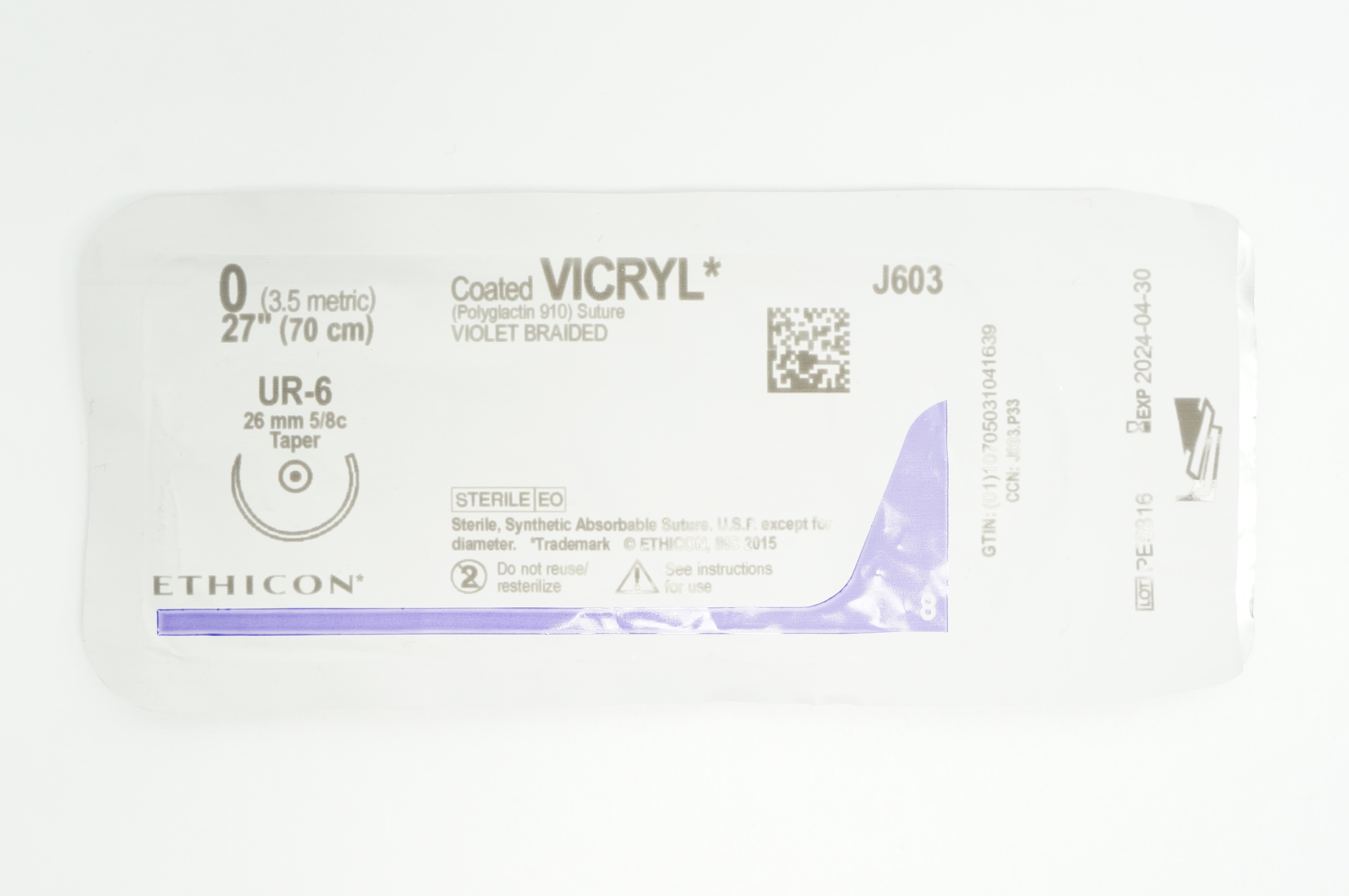 Ethicon J603 0 VICRYL UR-6, 26mm 5/8c Taper, 27inch