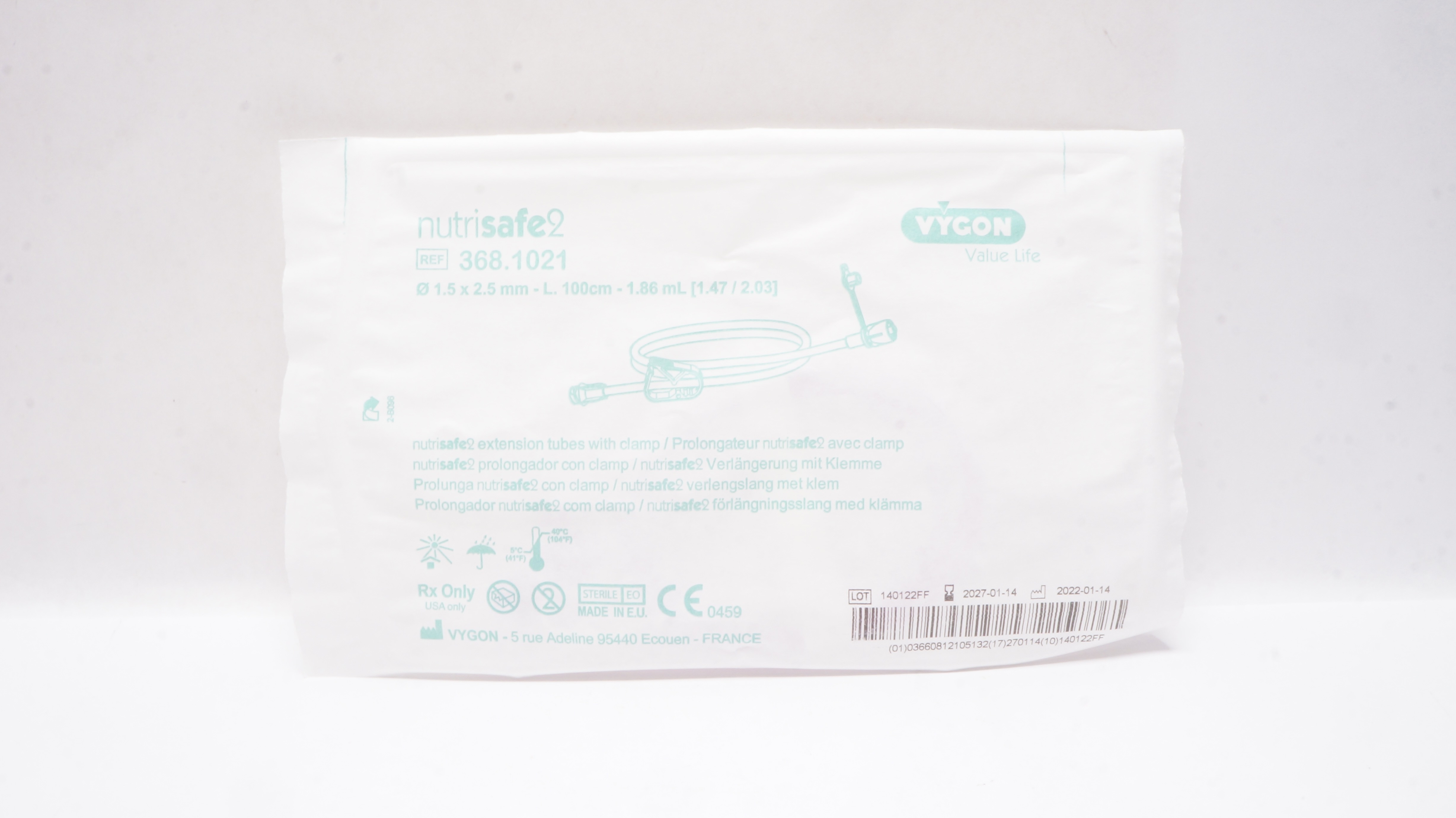Vygon 368.1021 Nutrisafe2 Extension Tubes with Clamp 1.5 x 2.5mm x 100cm