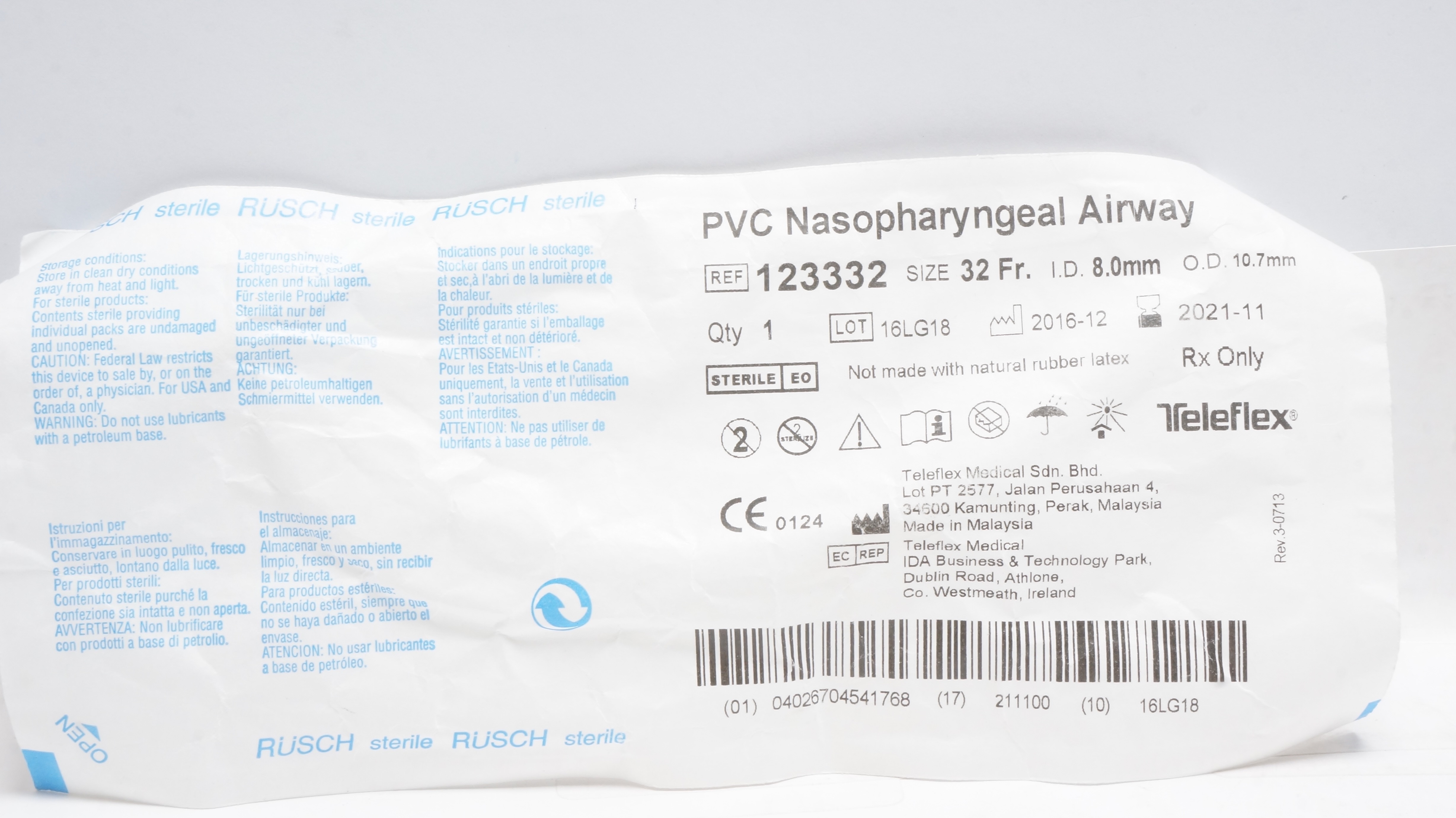 Teleflex 123332 PVC Nasopharyngeal Airway 32 Fr. 8.0mm ID x 10.7mm OD (x)