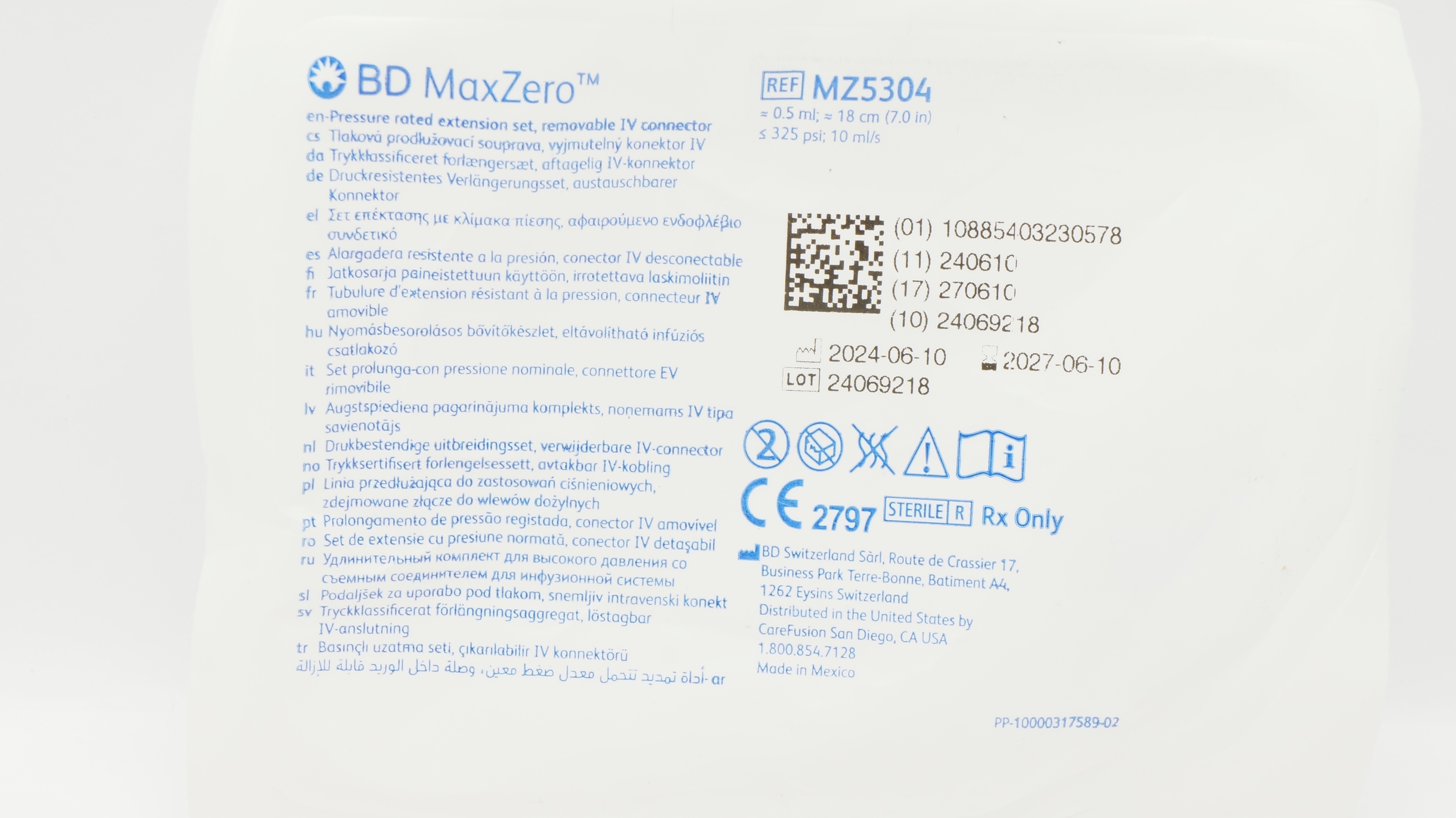 BD MZ5304 MaxZero Pressure Rated Extension Set, IV Connector 0.5ml x 7.0inch