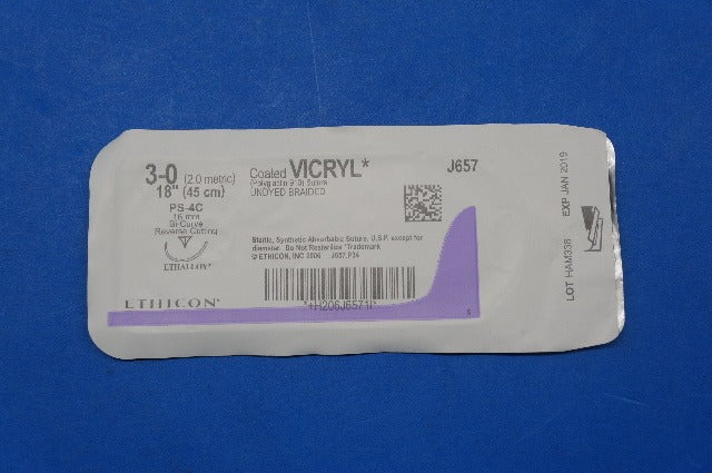 Ethicon J657 3-0 VICRYL, PS-4C 16mm Bi-Curve Reverse Cutting, 18