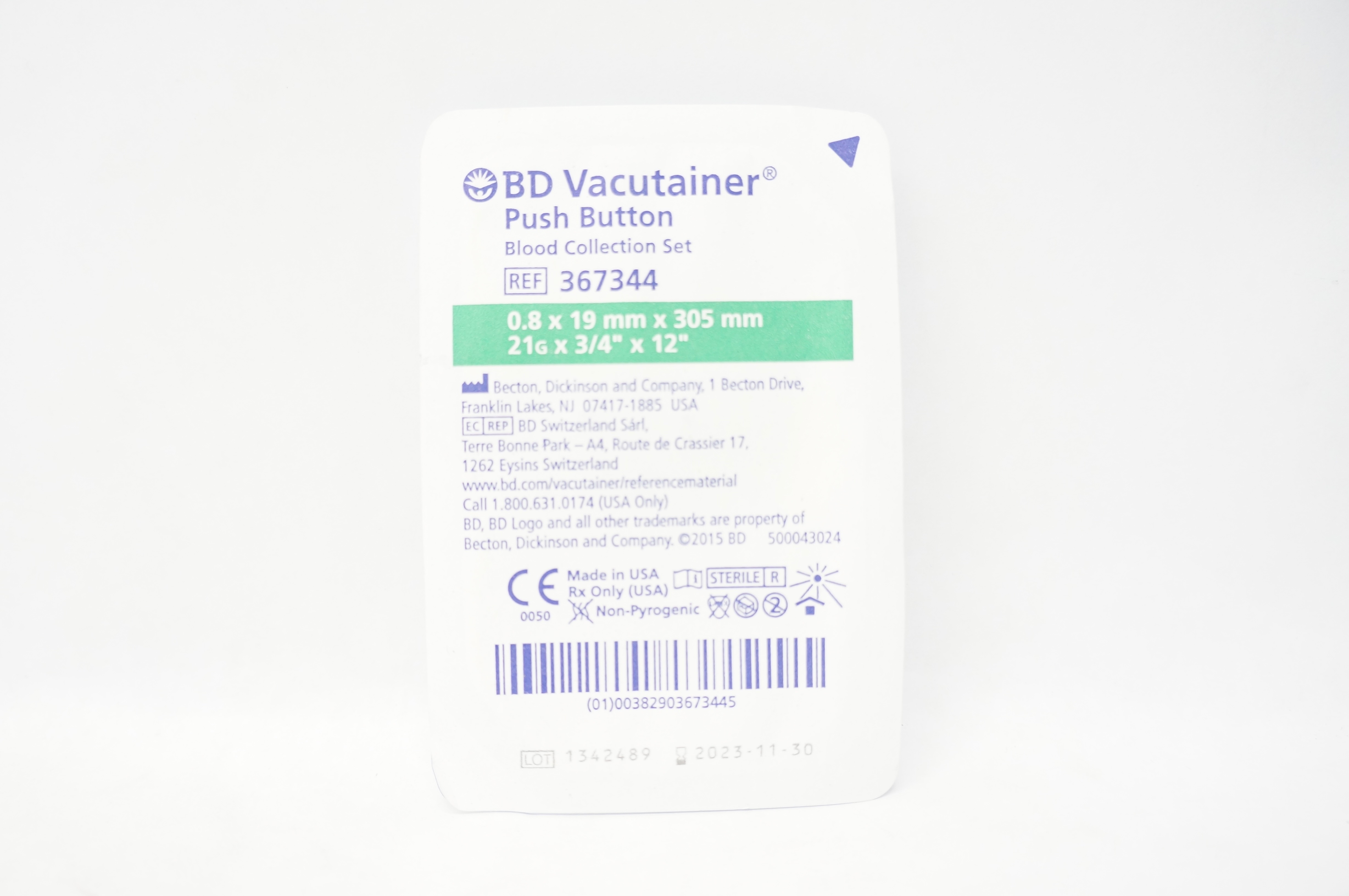 BD 367344 Vacutainer Push Button Blood Collection Set 21G x 3/4inch x 12inch (x)