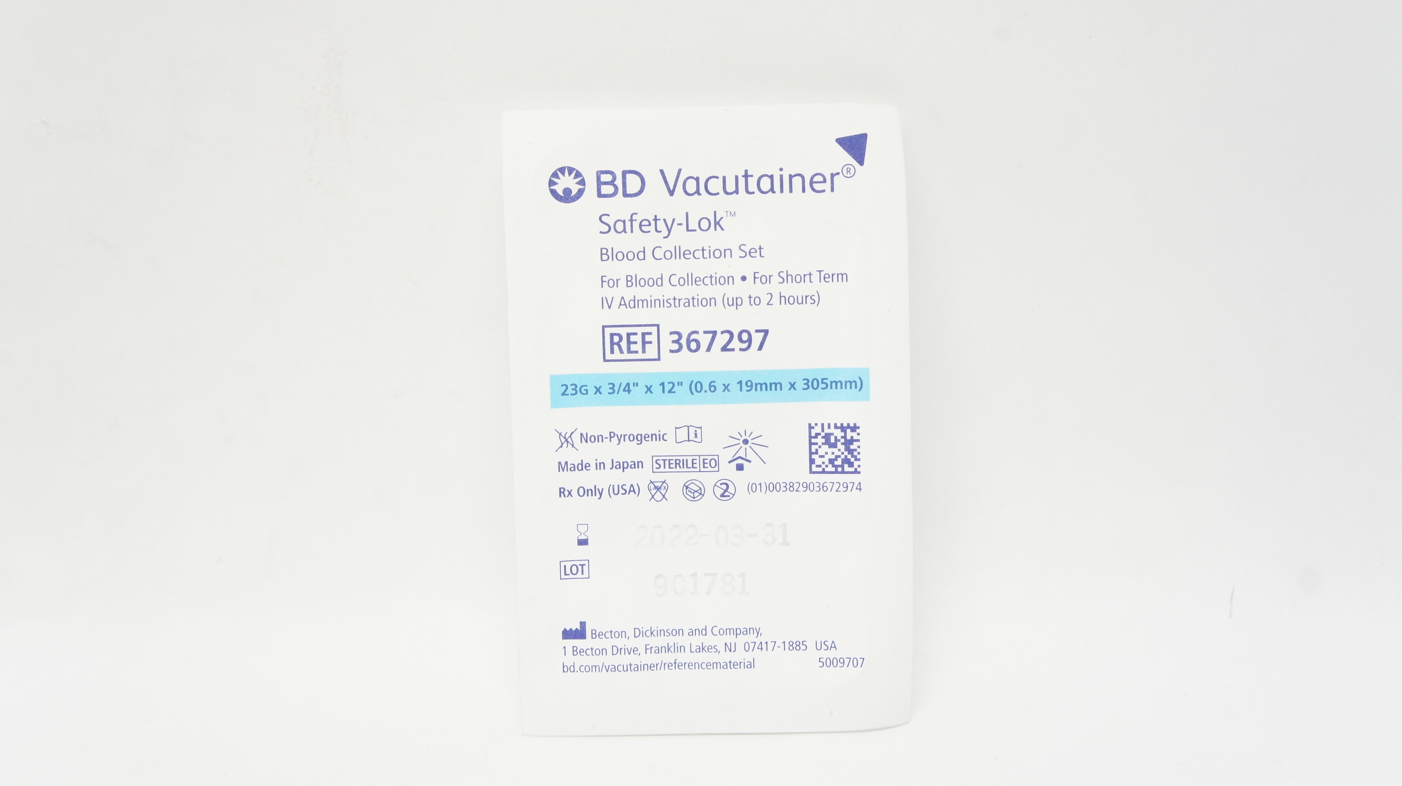 BD 367297 Vacutainer Safety-Lok Blood Collection Set 23G x 3/4inch x 12inch (x)