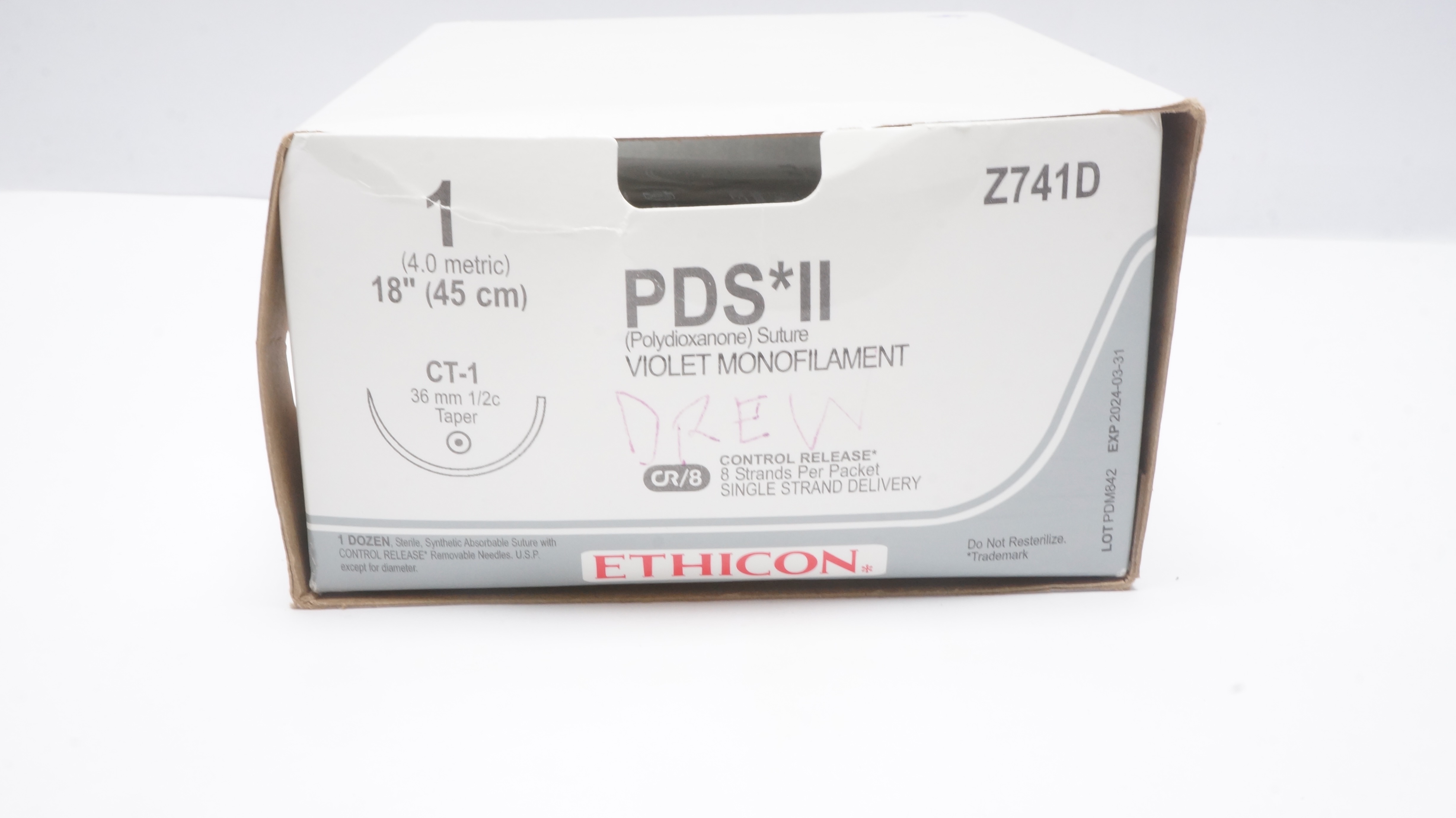 Ethicon Z741D 1 PDS II, Violet Monofilament, CT-1 36mm 1/2c, 18in.(x)- Box of 8