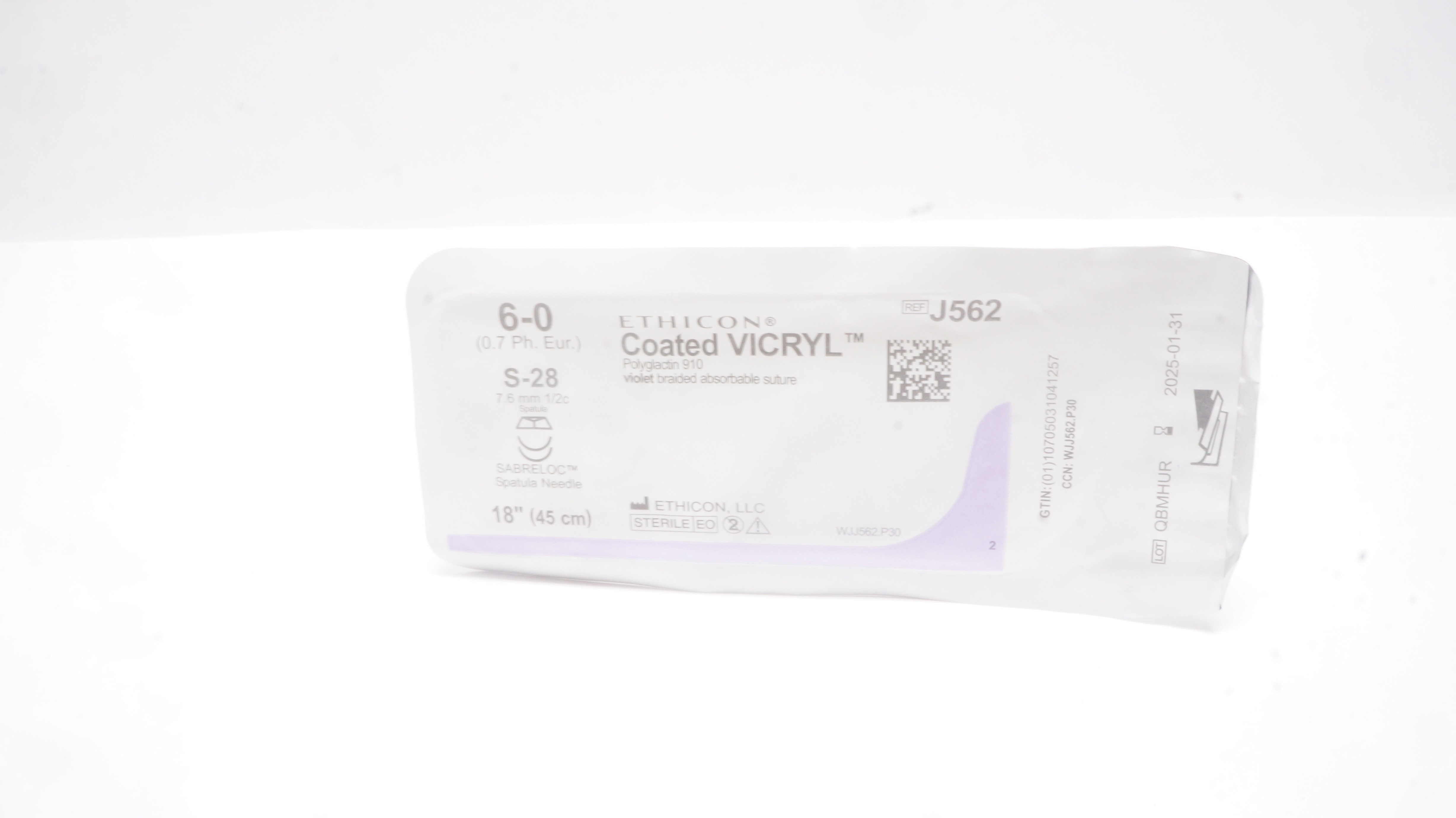 Ethicon J562 6-0 Coated VICRYL Stre S-28 7.6mm 1/2c Spatula, 18inch