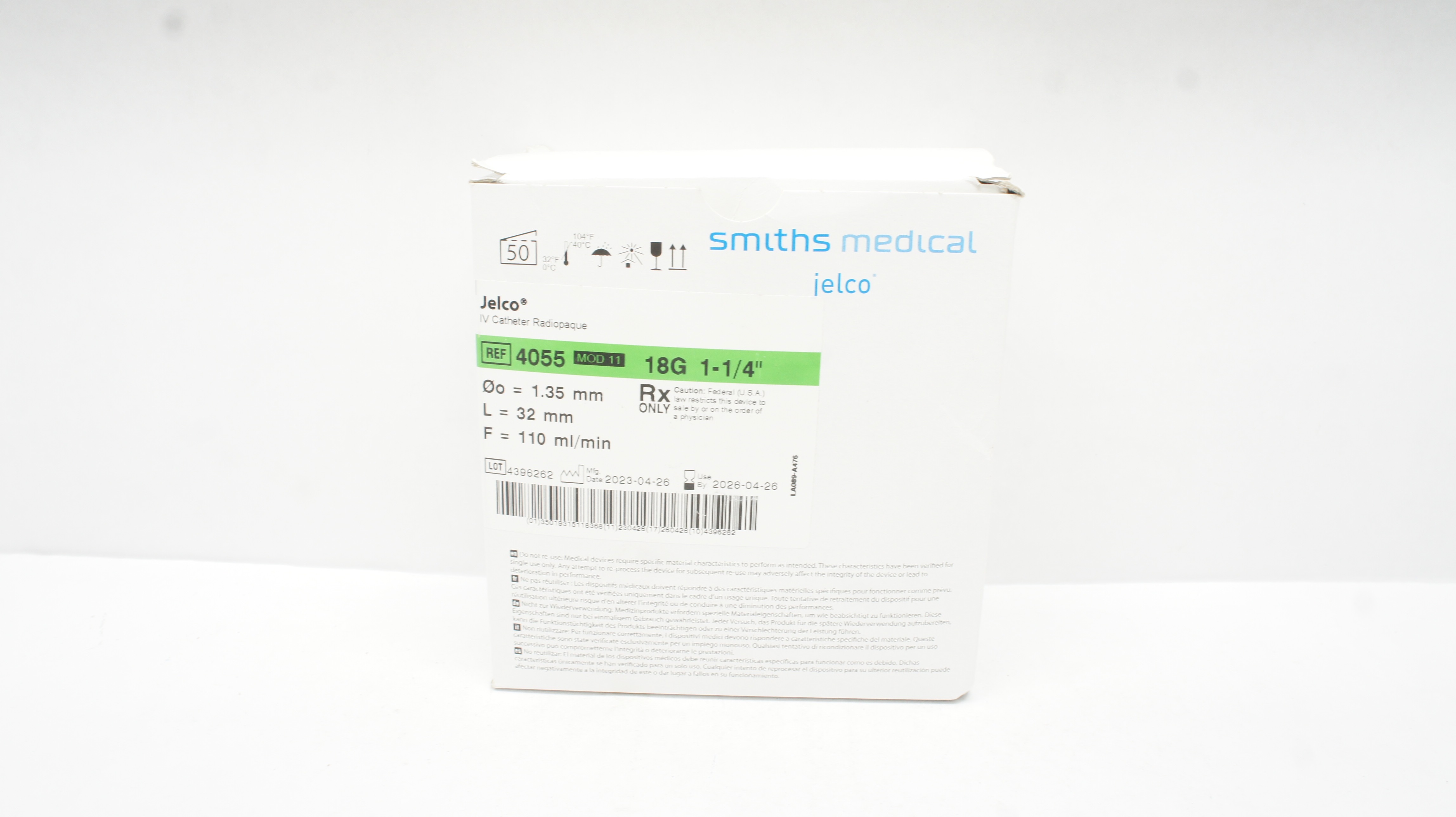 Smiths Medical 4055 Jelco IV Cath. Radiopaque 18G x 1-1/4inch - Box of 50