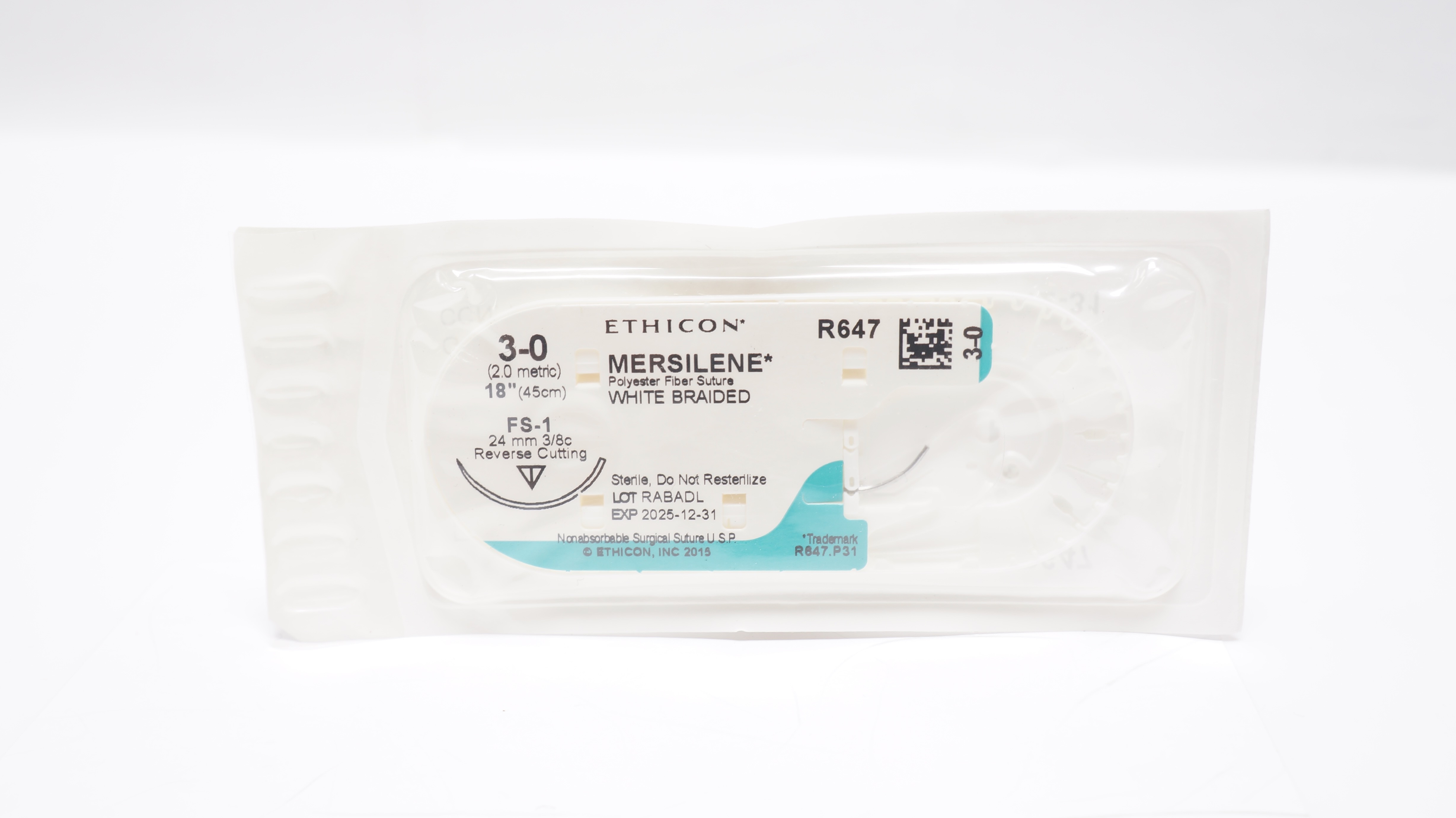 Ethicon R647 3-0 MERSILENE, FS-1, 24mm 3/8c Reverse Cutting, 18inch