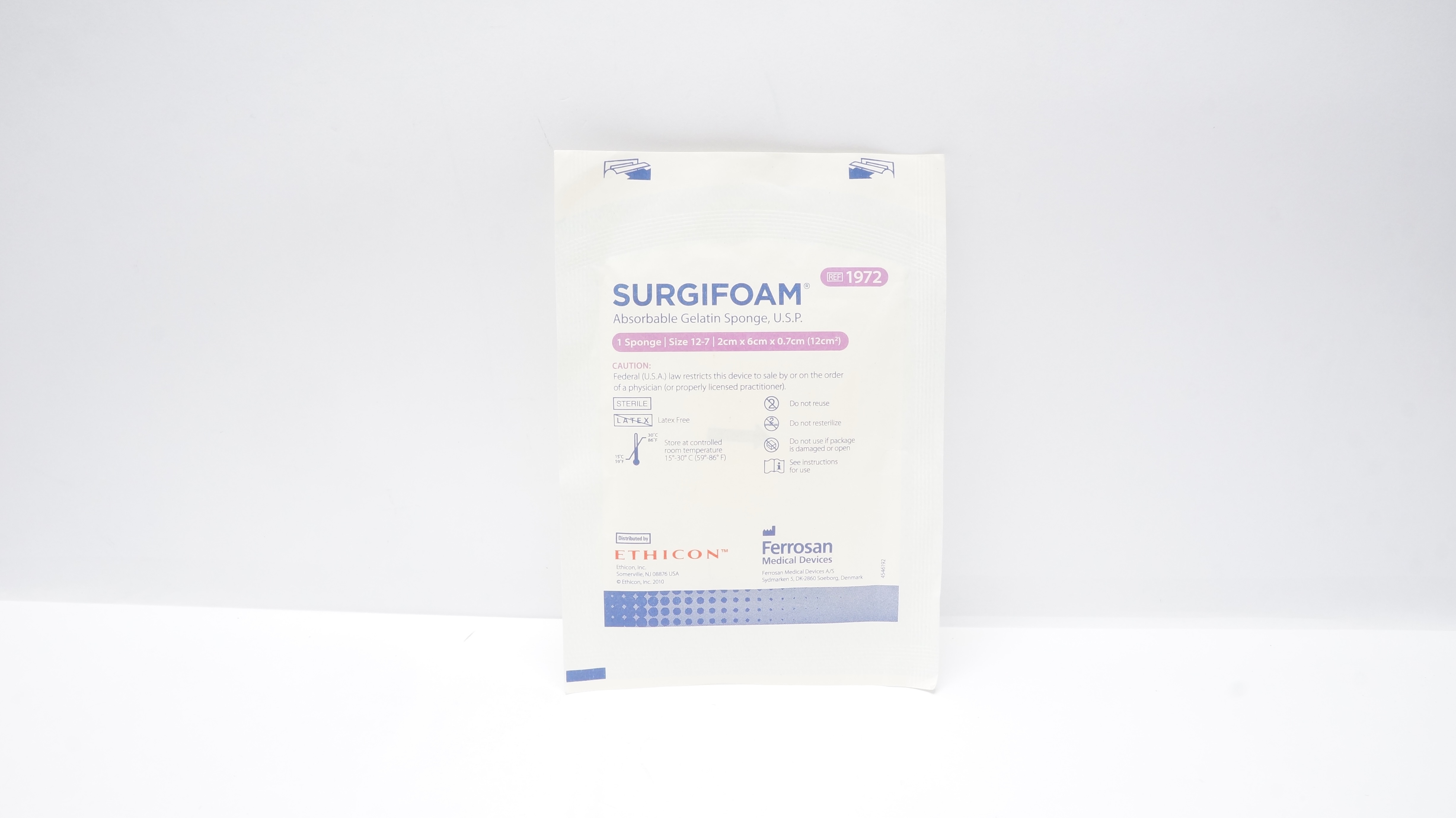 Ferrosan 1972 Surgifoam Absorbable Gelatin Sponge U.S.P. 2 x 6 x  0.7cm