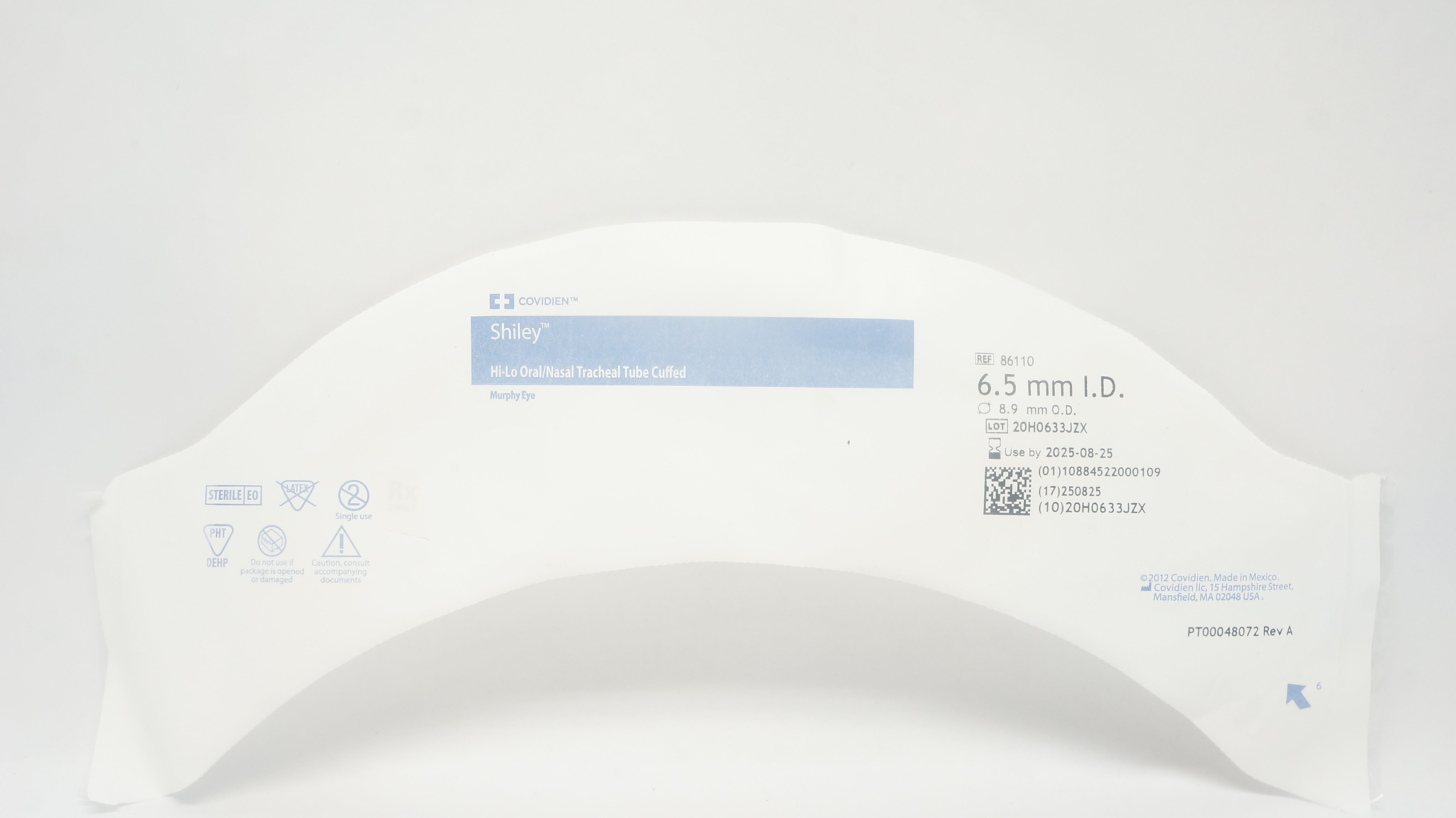 Covidien 86110 Shiley Hi-Lo Oral/Nasal Tracheal Tube Cuffed 6.5mm ID x 8.9mm OD