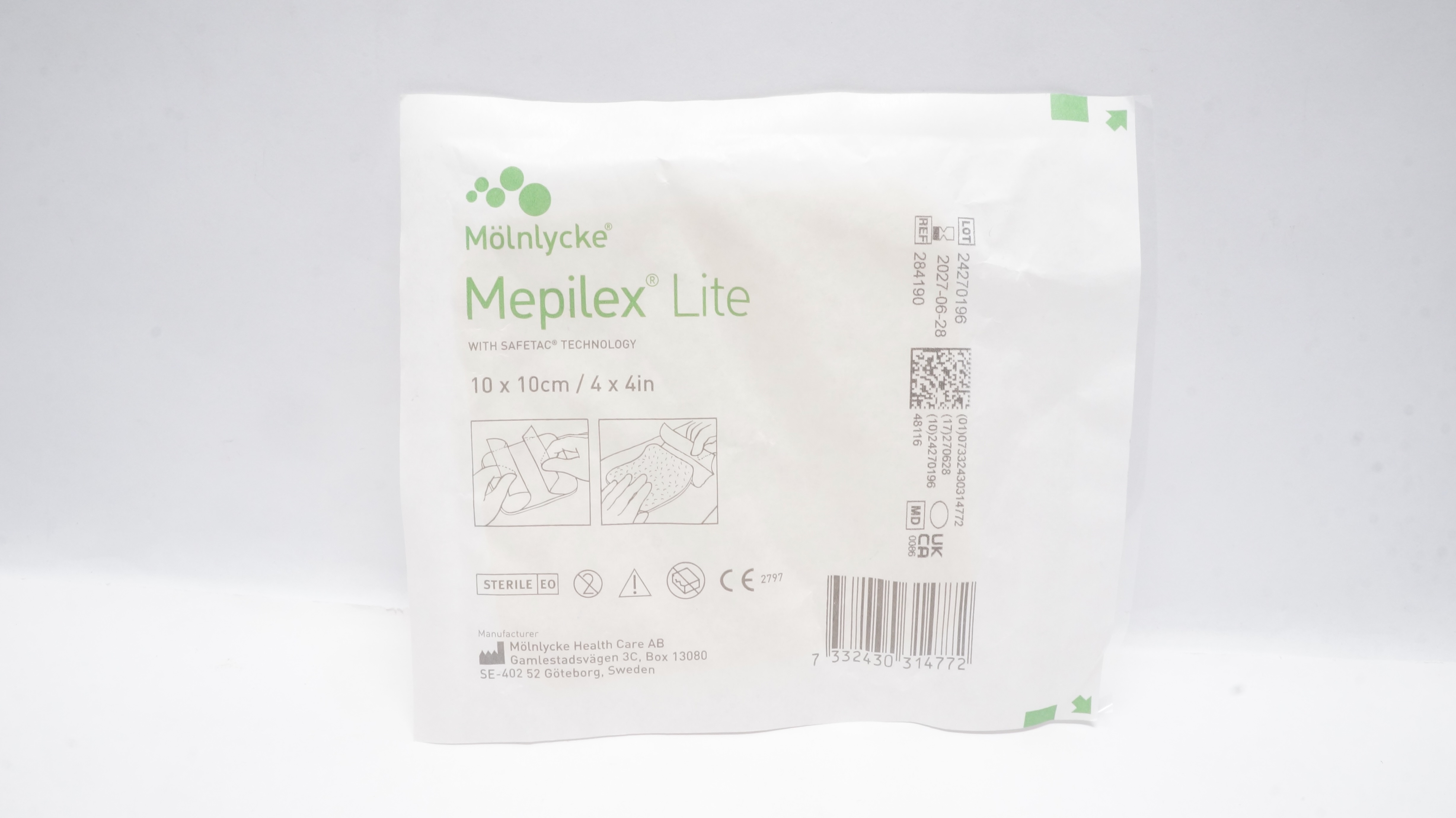 Molnlycke 284190 Mepilex Lite Soft Silicone Foam Dressing 4inch x 4inch