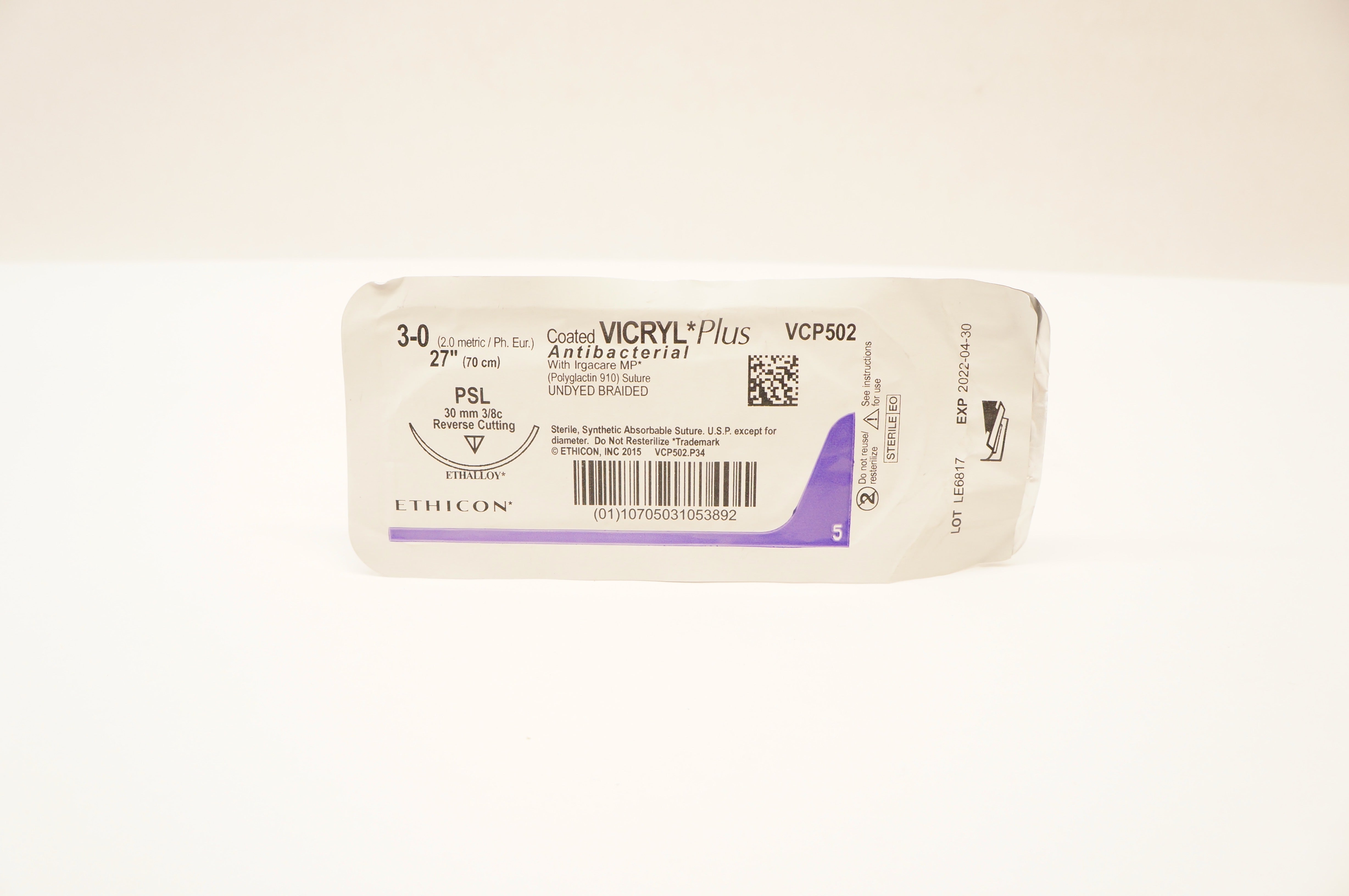 Ethicon VCP502 3-0 Coated Vicryl Stre PSL 30mm 3/8c Reverse Cutting, 27inch (x)