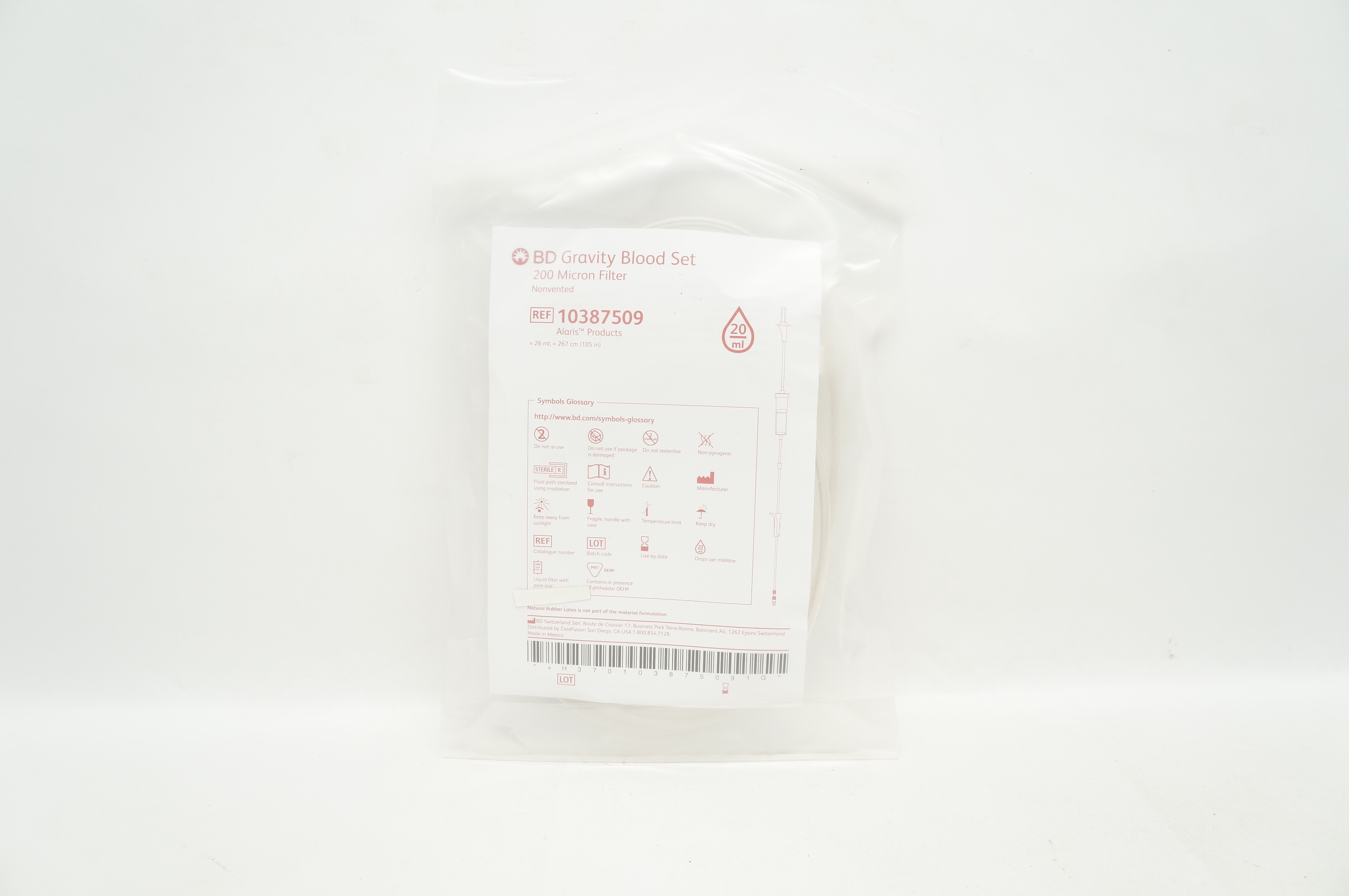 BD 10387509 Gravity Blood Set 200 Micron Filter, 20Drops/ml 26ml x 105inch