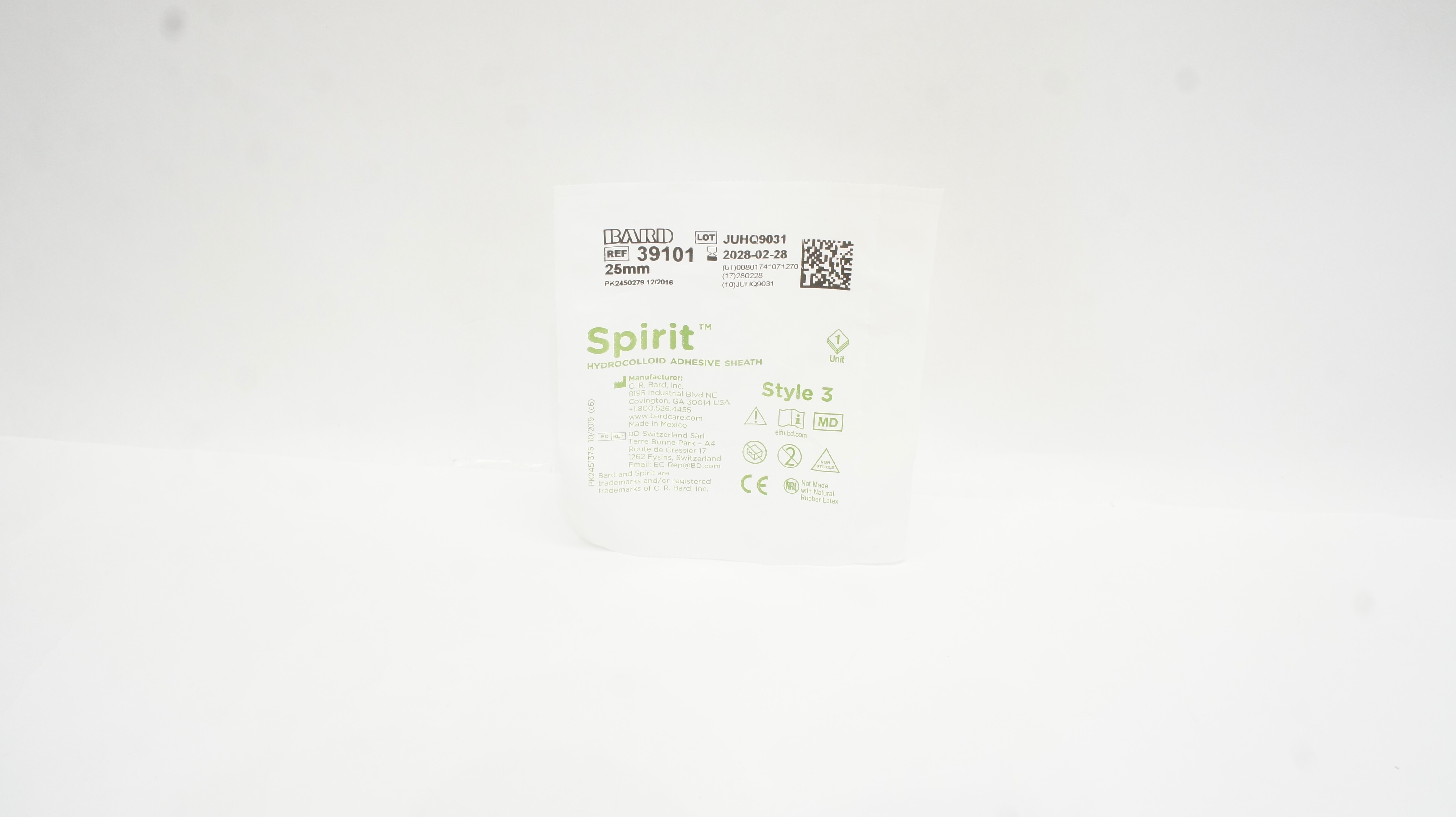 Bard 39101 Spirit Hydrocolloid Adhesive Sheath Style 3, 25mm