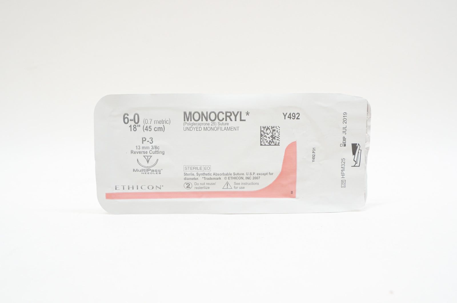 Ethicon Y492 6-0 MONOCRYL, P-3, 13mm 3/8c Reverse Cutting, 18inch (x) - Lot of 12