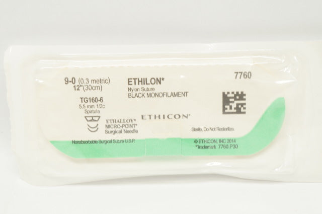 Ethicon 7760 9-0 ETHILON Nylon Stre TG160-6  5.5mm 1/2c 12inch (x)