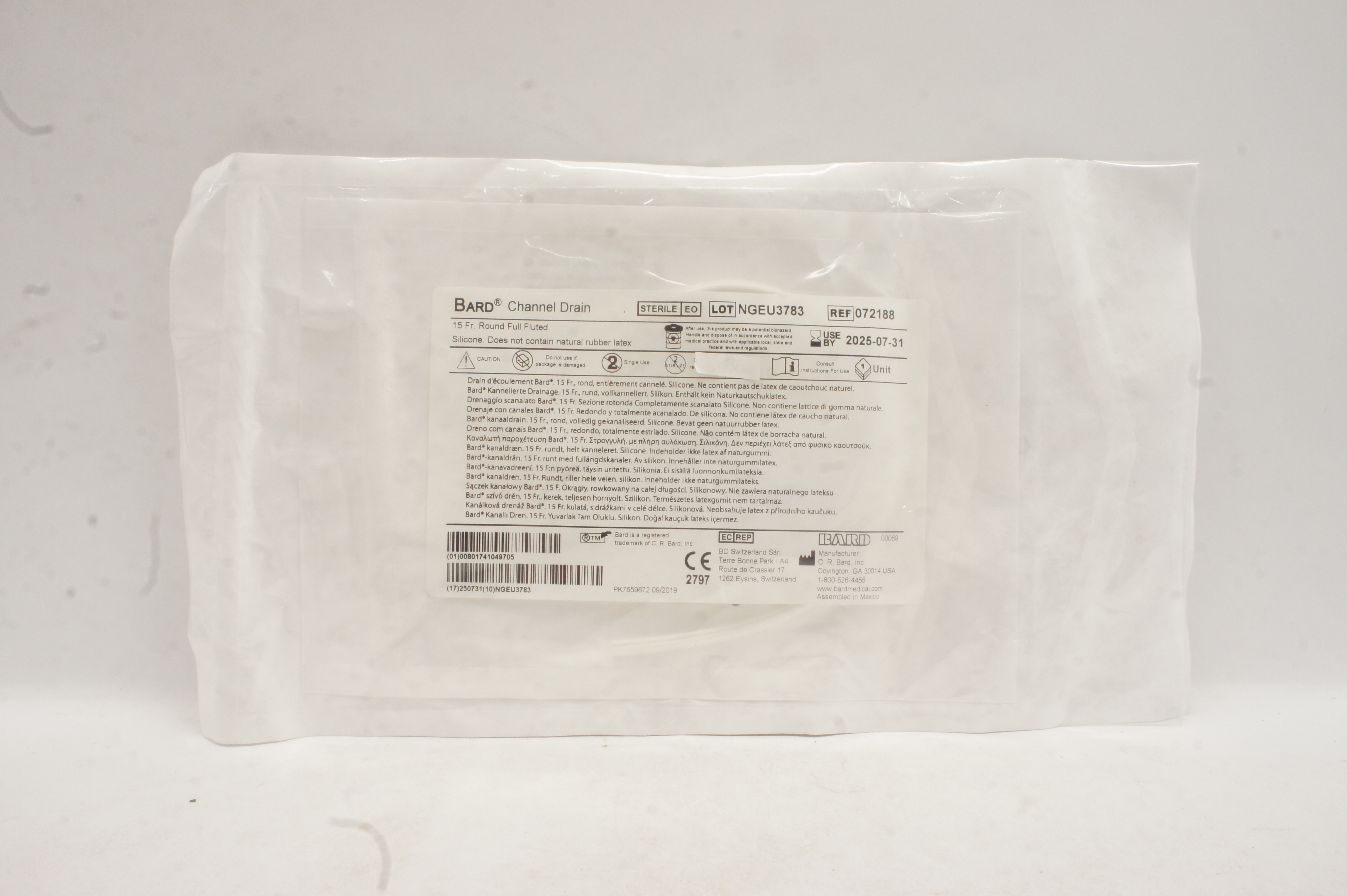 Bard 072188 Channel Drain Round Full Fluted Silicone 15 Fr.