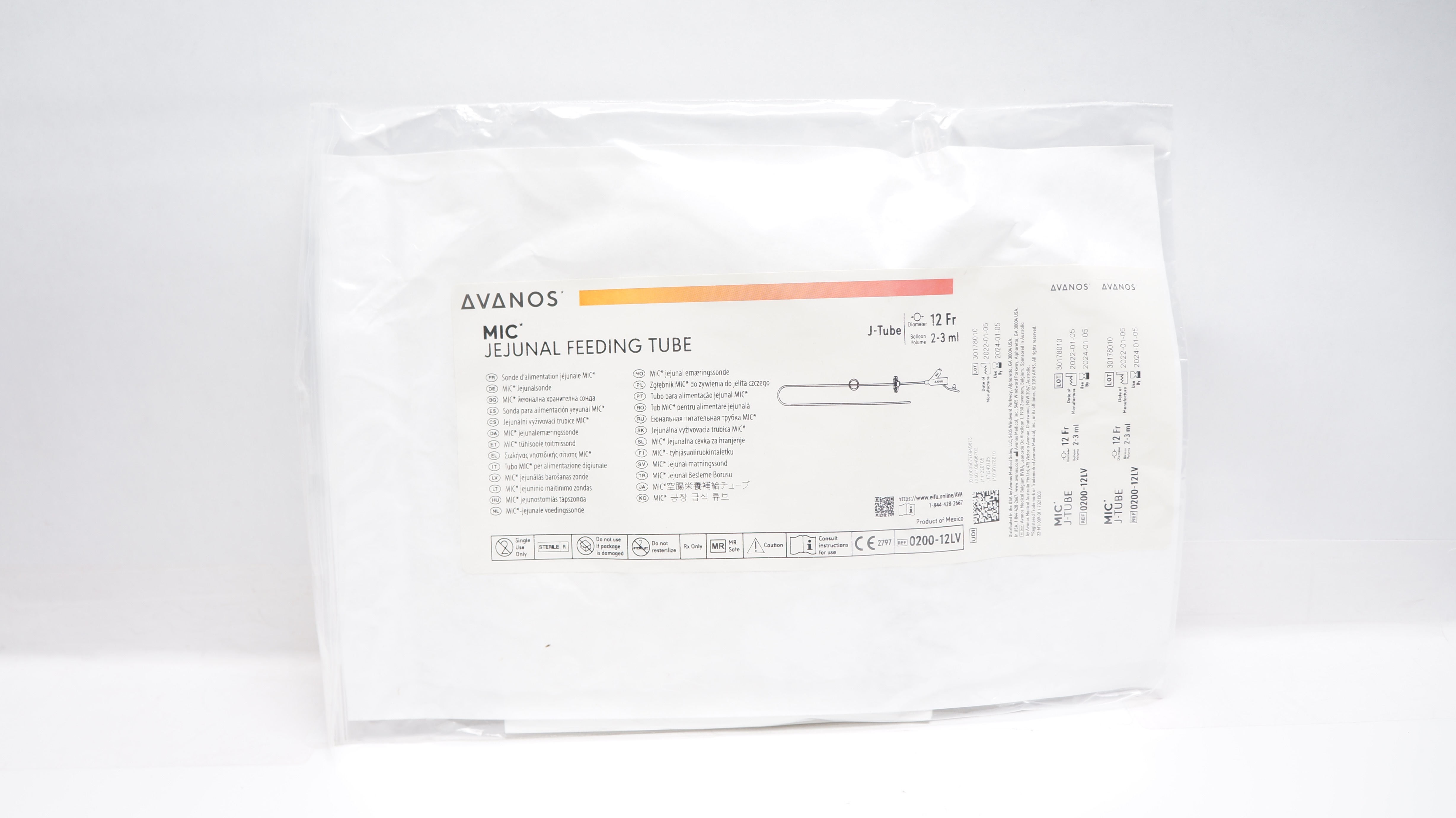 Avanos 0200-12LV MIC Jejunal Feeding Tube J-Tube 12 Fr x 2-3ml (x)