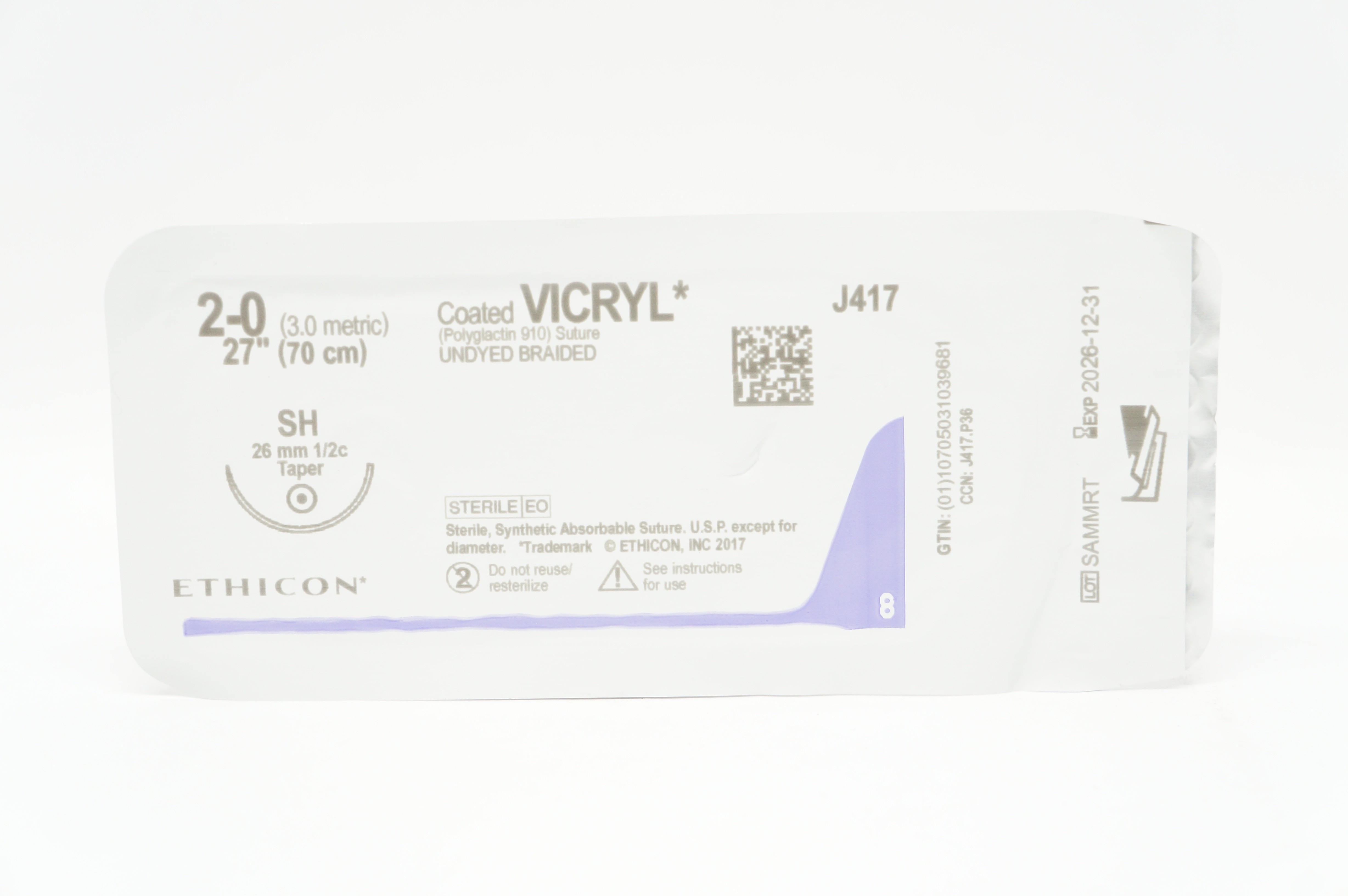 Ethicon J417 2-0 Coated VICRYL, SH 26mm 1/2c Taper, 27inch