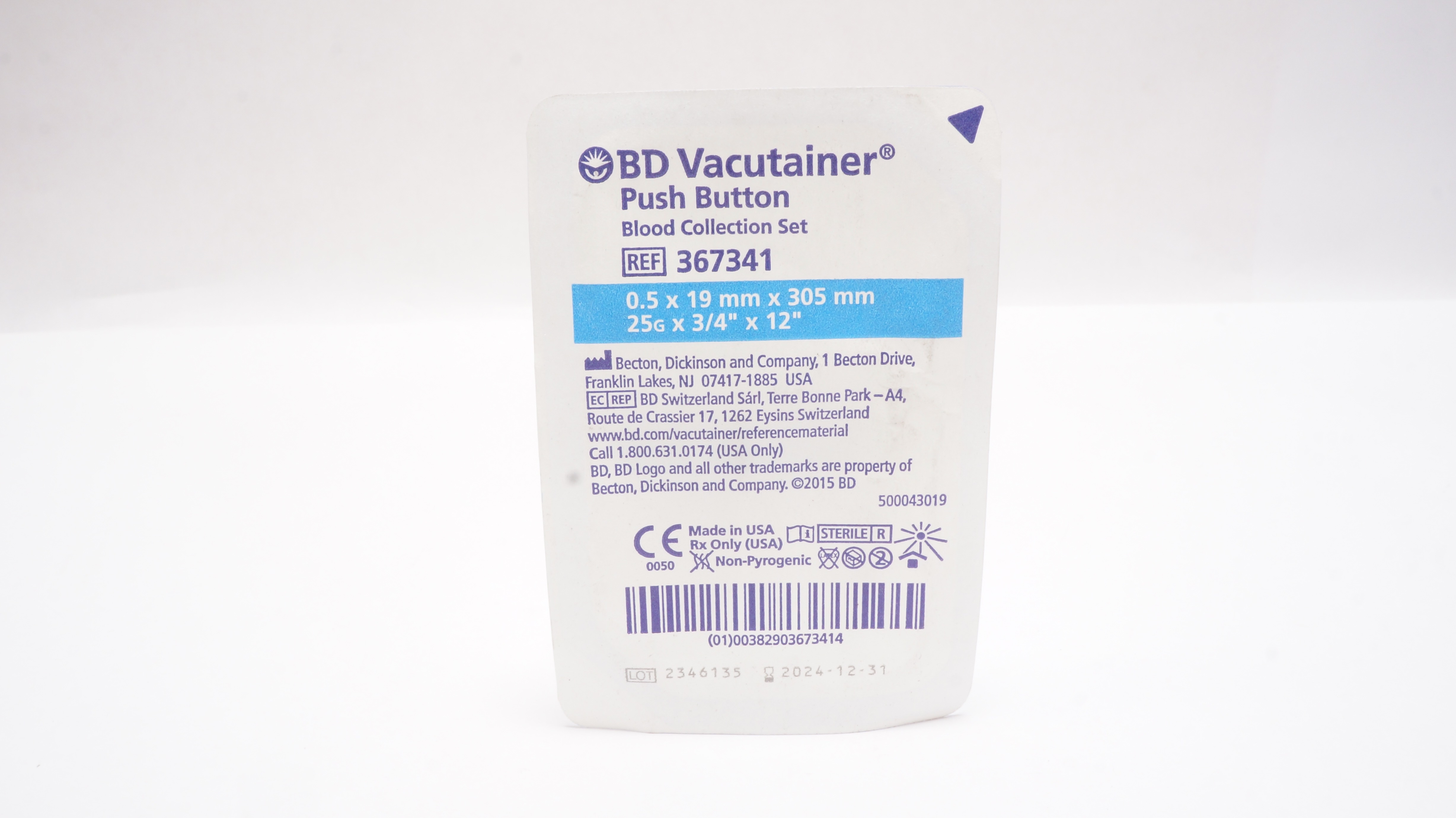 BD 367341 Vacutainer Push Button Blood Collection Set 25G x 3/4inch x 12inch