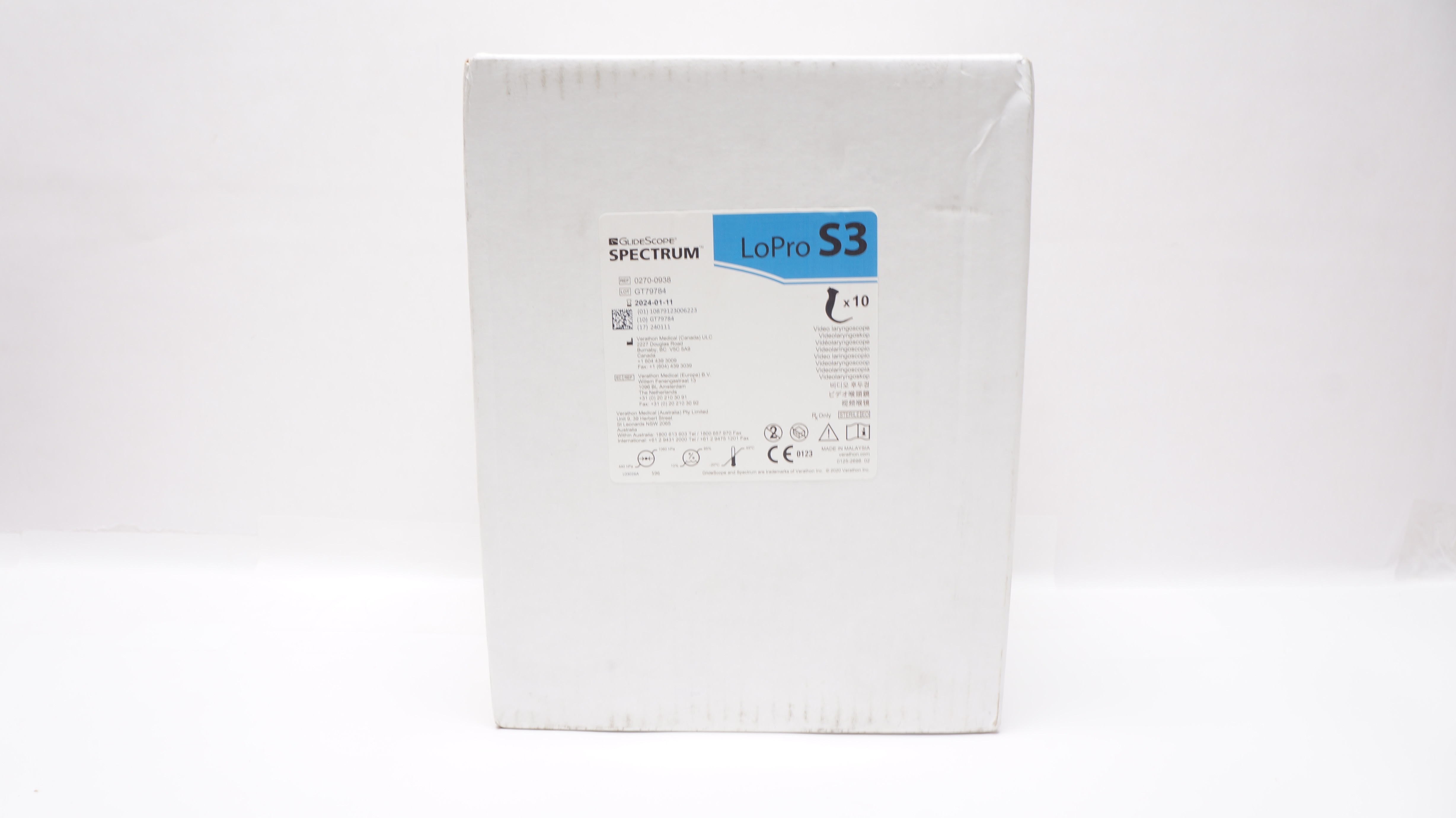 Verathon Medical 0270-0938 GlideScope Video Laryngoscope LoPro S3 -Box of 10 (x)