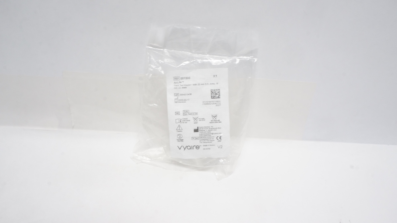 Vyaire 001500 AirLife Trach Tee Adapter 22mm O.D. Arms 15mm I.D. Base