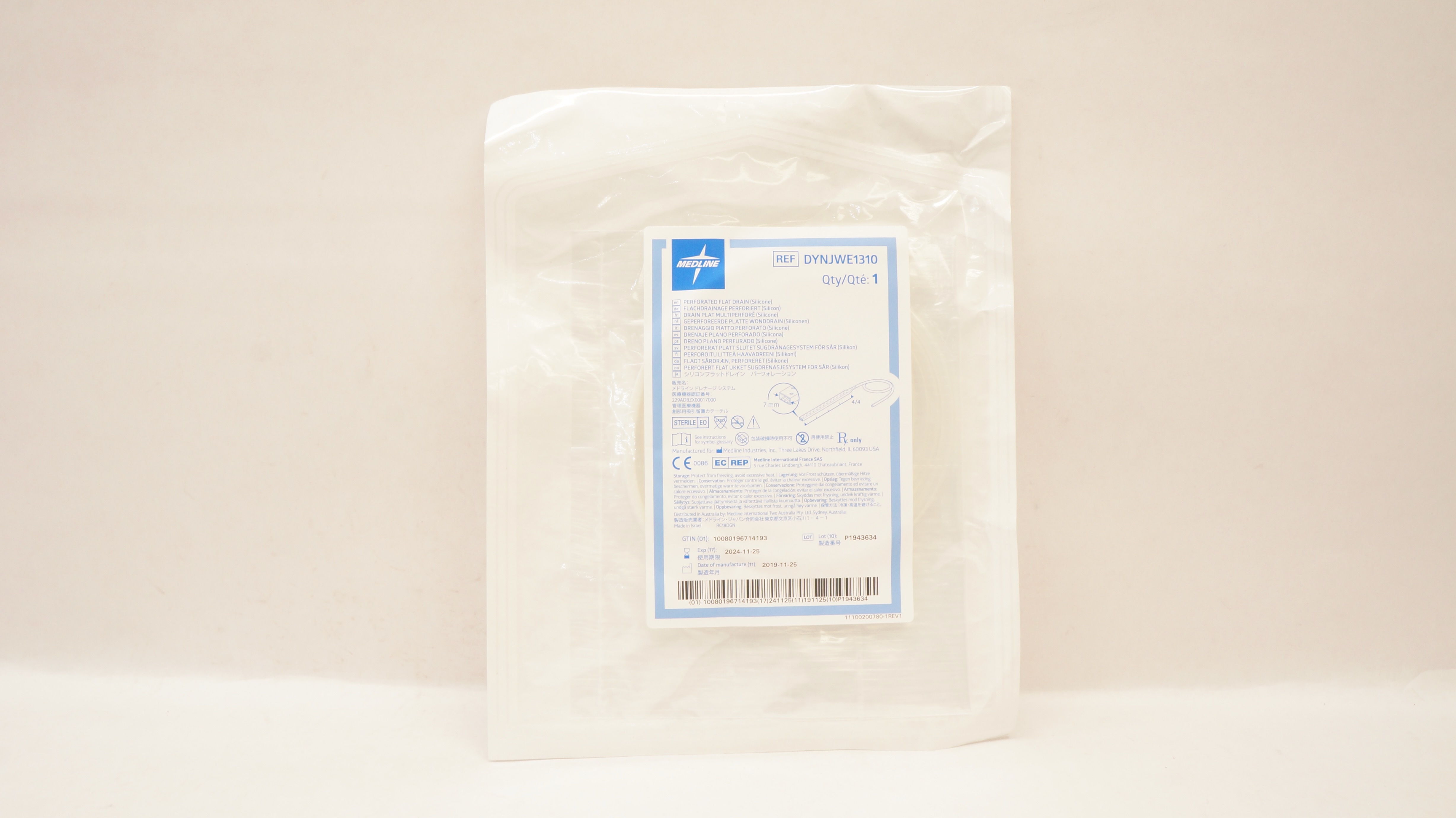 Medline DYNJWE1310 Perforated Silicone Flat Drain 7mm x 4/4cm
