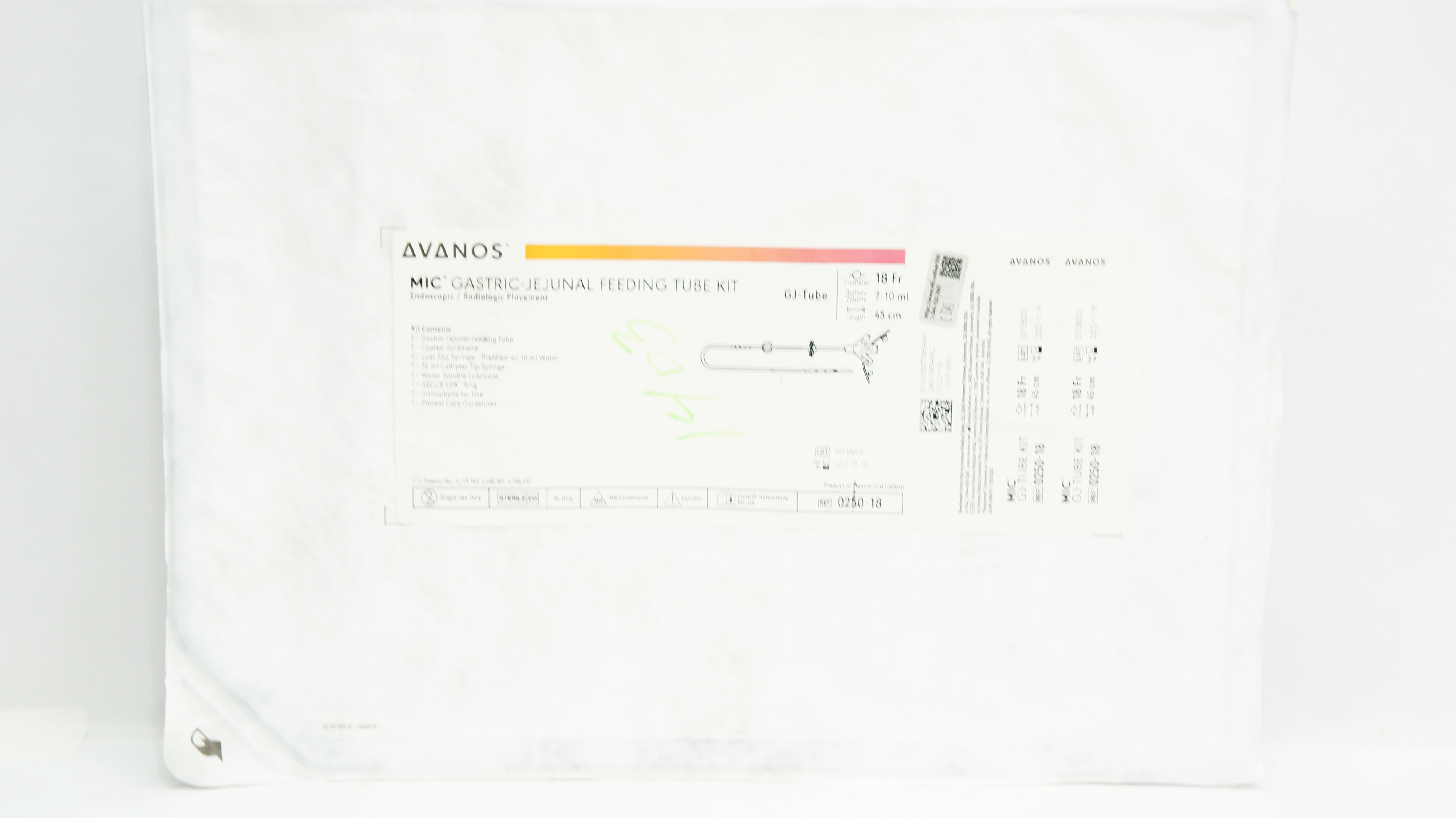Avanos Medical 0250-18 MIC Gastric-Jejunal Feeding Tube Kit 18Fr x 7-10mL (x)