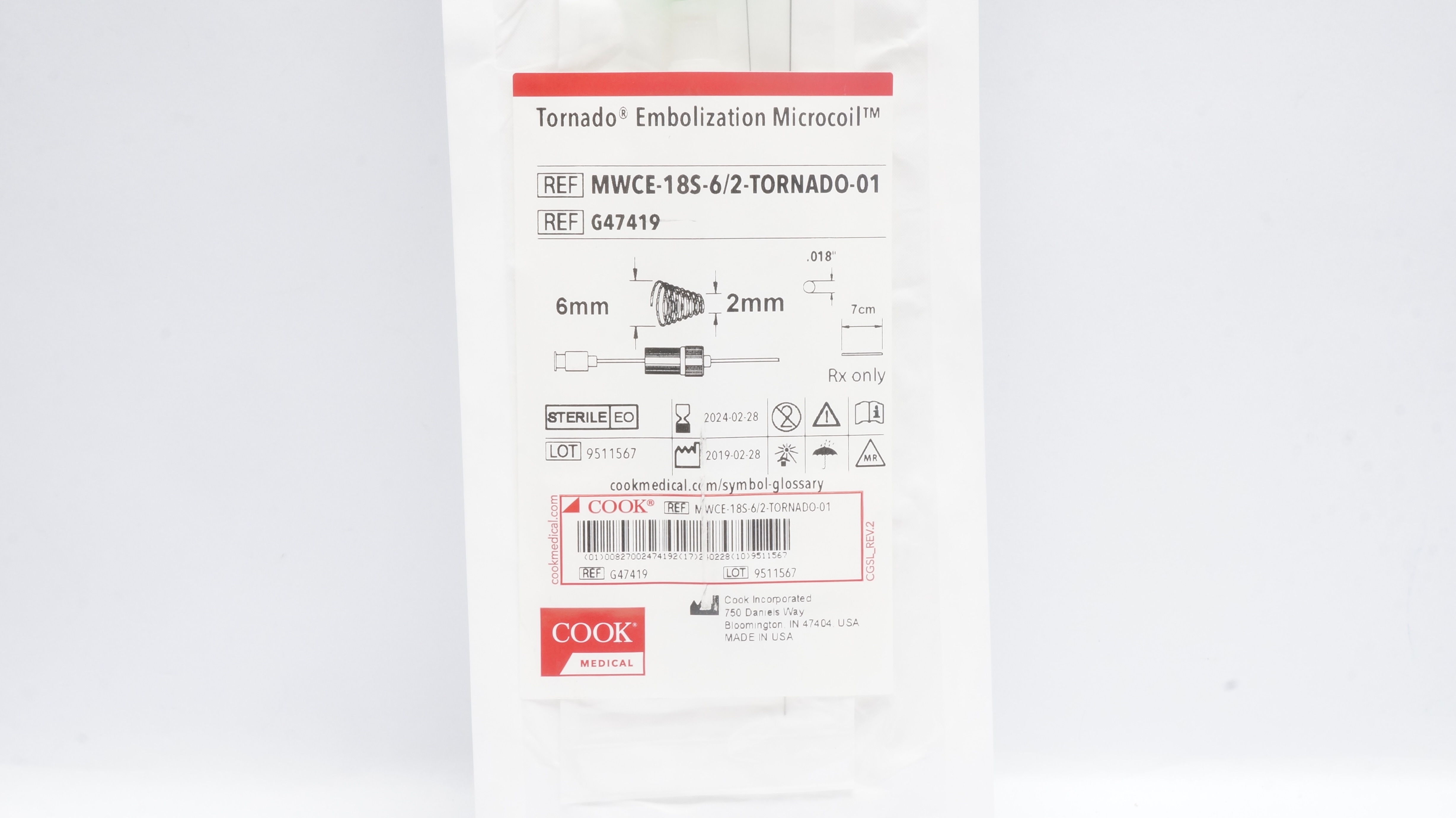 Cook Medical G47419 Tornado Embolization Microcoil .018inch x 7cm, 6-2mm (x)