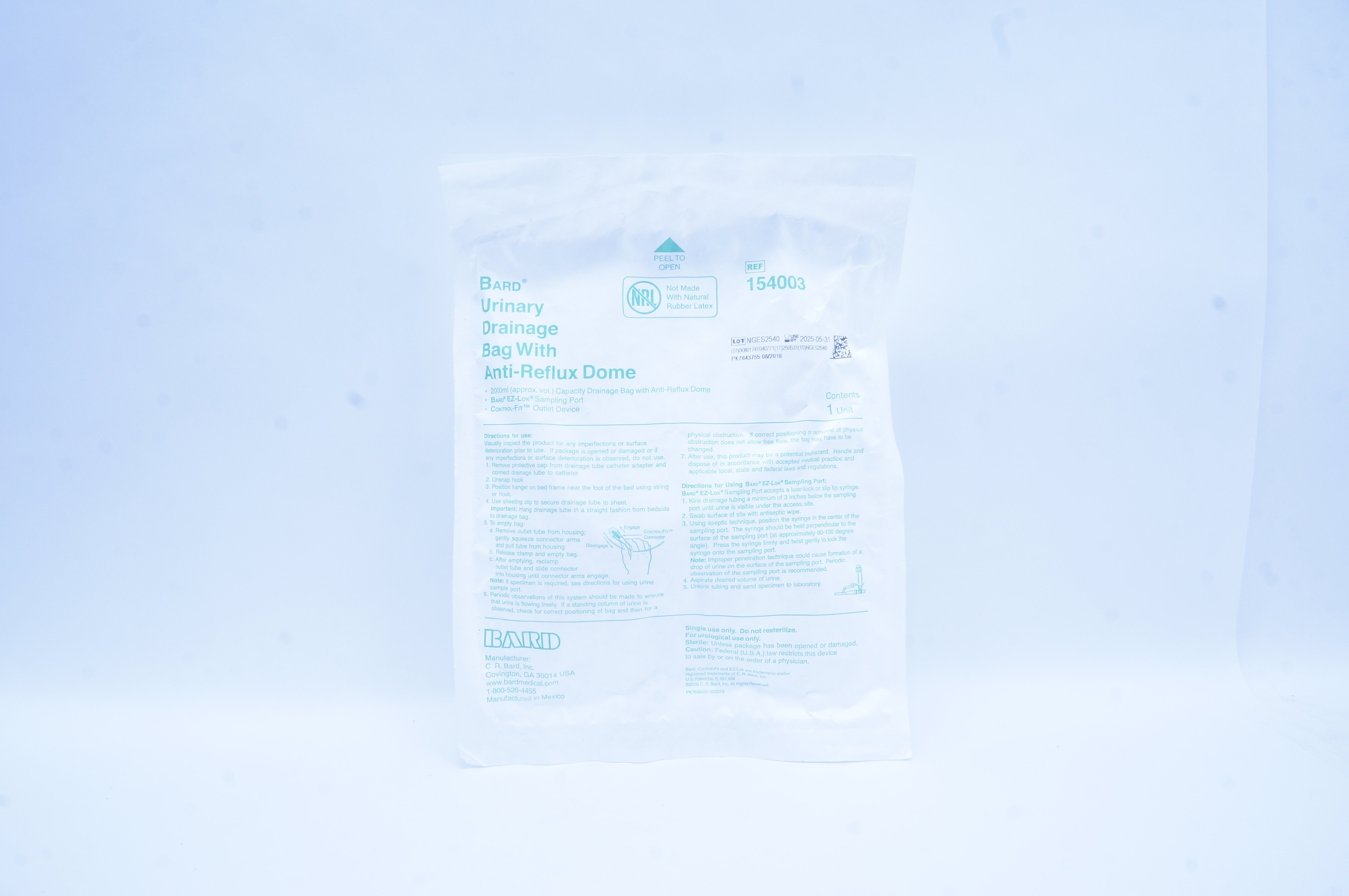 Bard 154003 Urinary Drainage Bag With Anti-Reflux Dome 2000 ml Approx. Vol.