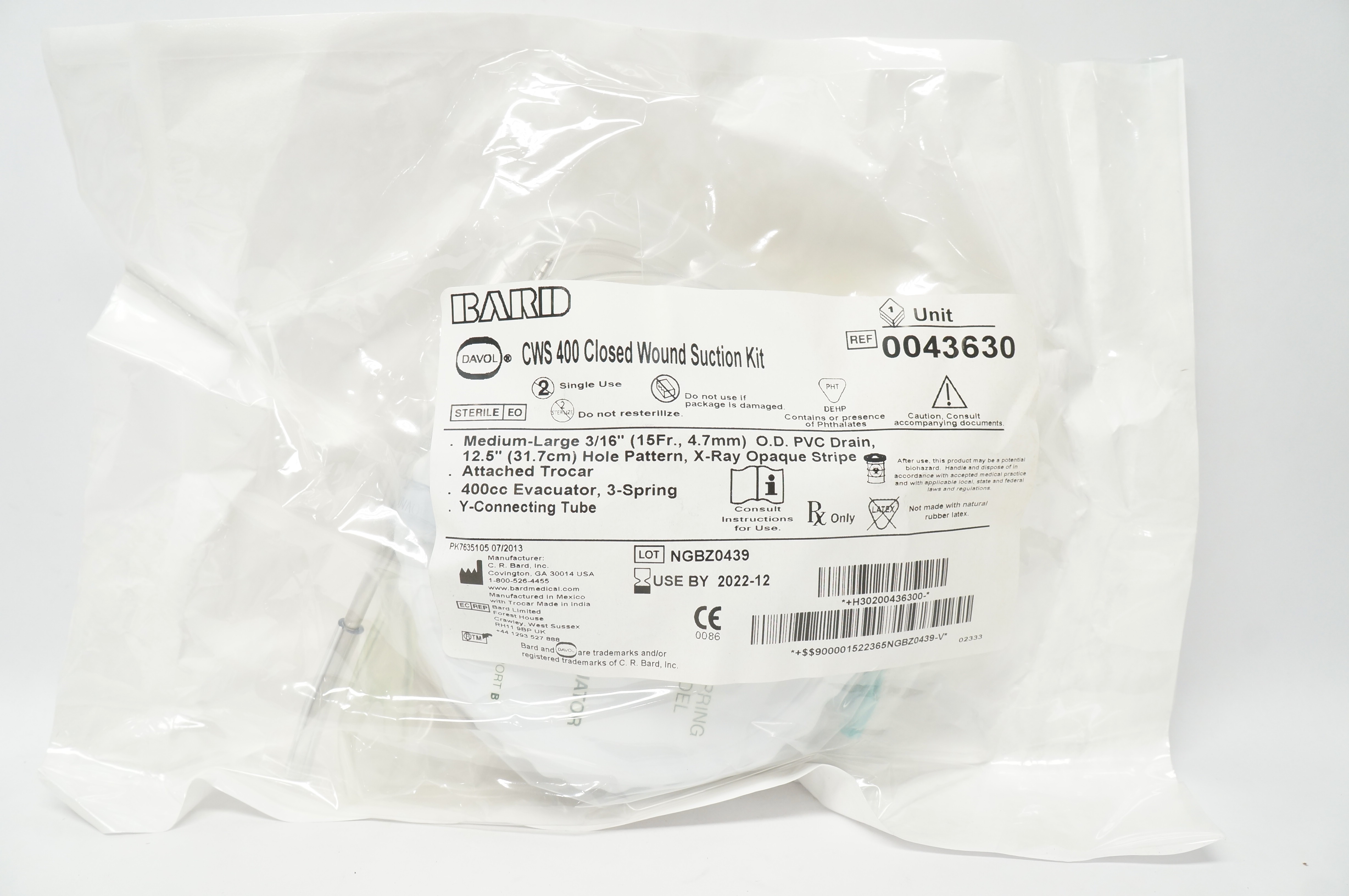 Bard 0043630 Davol CWS 400 Closed Wound Suction Kit