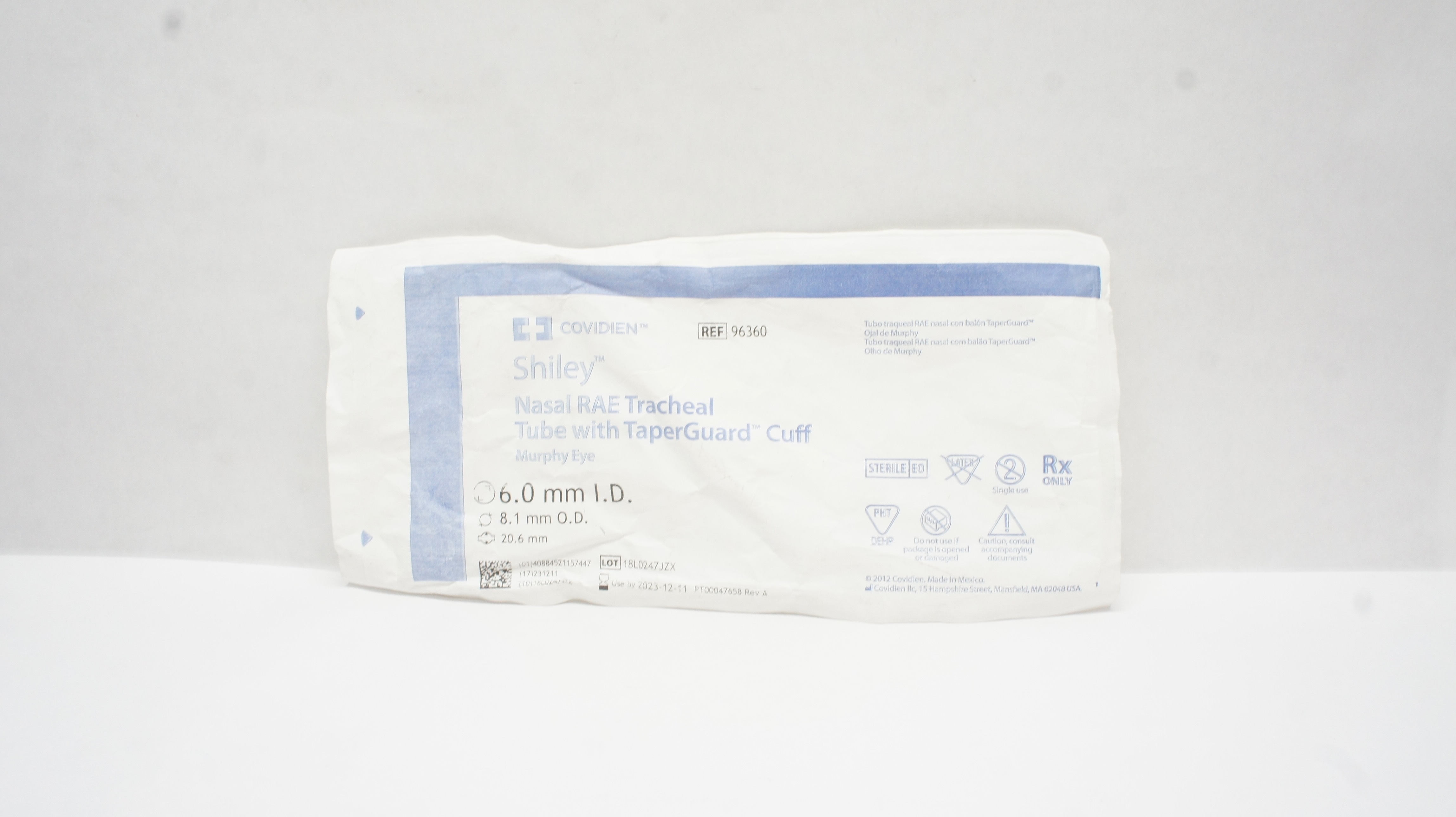 Covidien 96360 Shiley Nasal RAE Tracheal Tube TaperGuard Cuff 6x8.1mm
