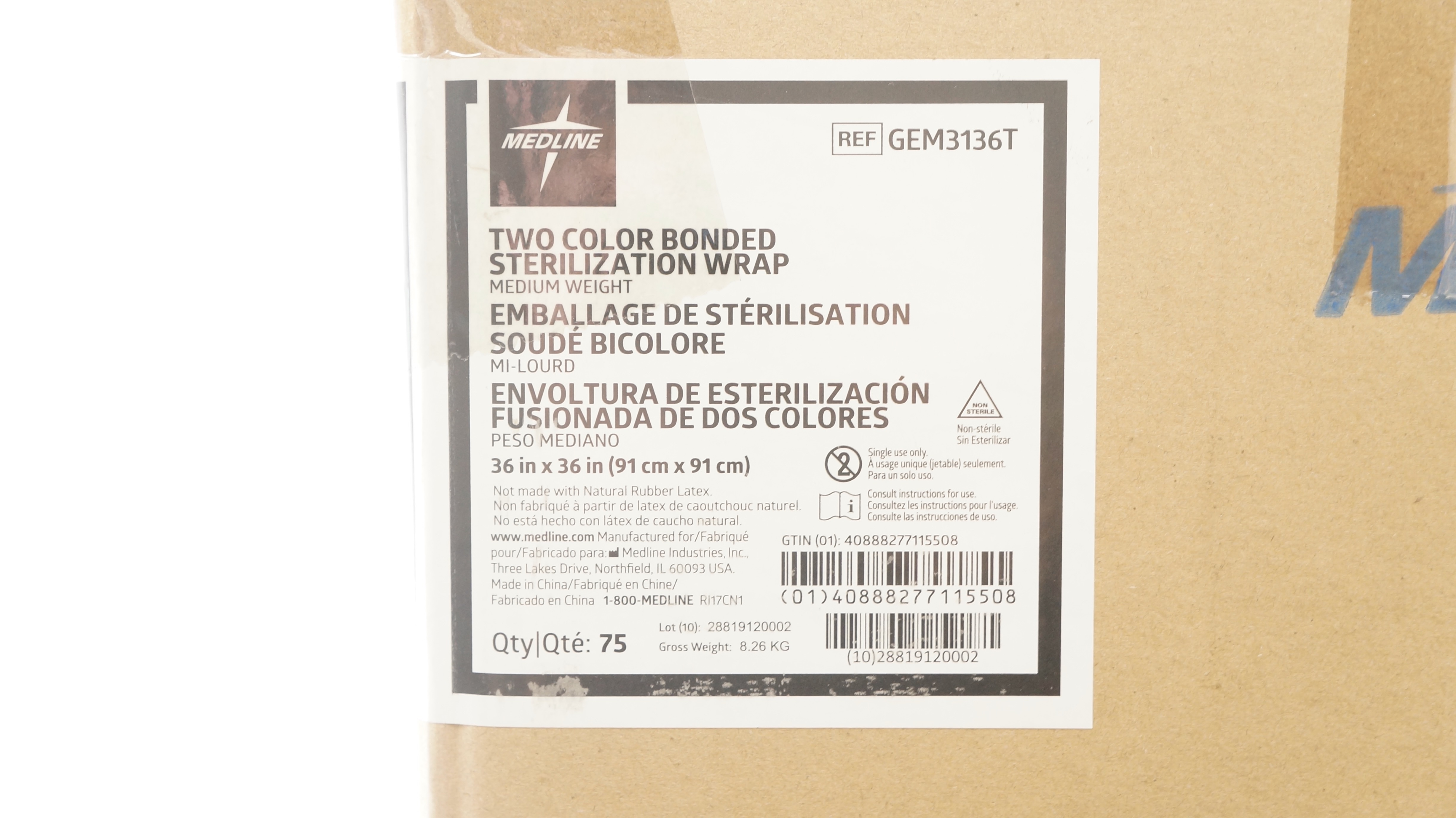 Medline GEM3136T Two Color Bonded Sterilization Wrap 36 x 36inch - Case of 75