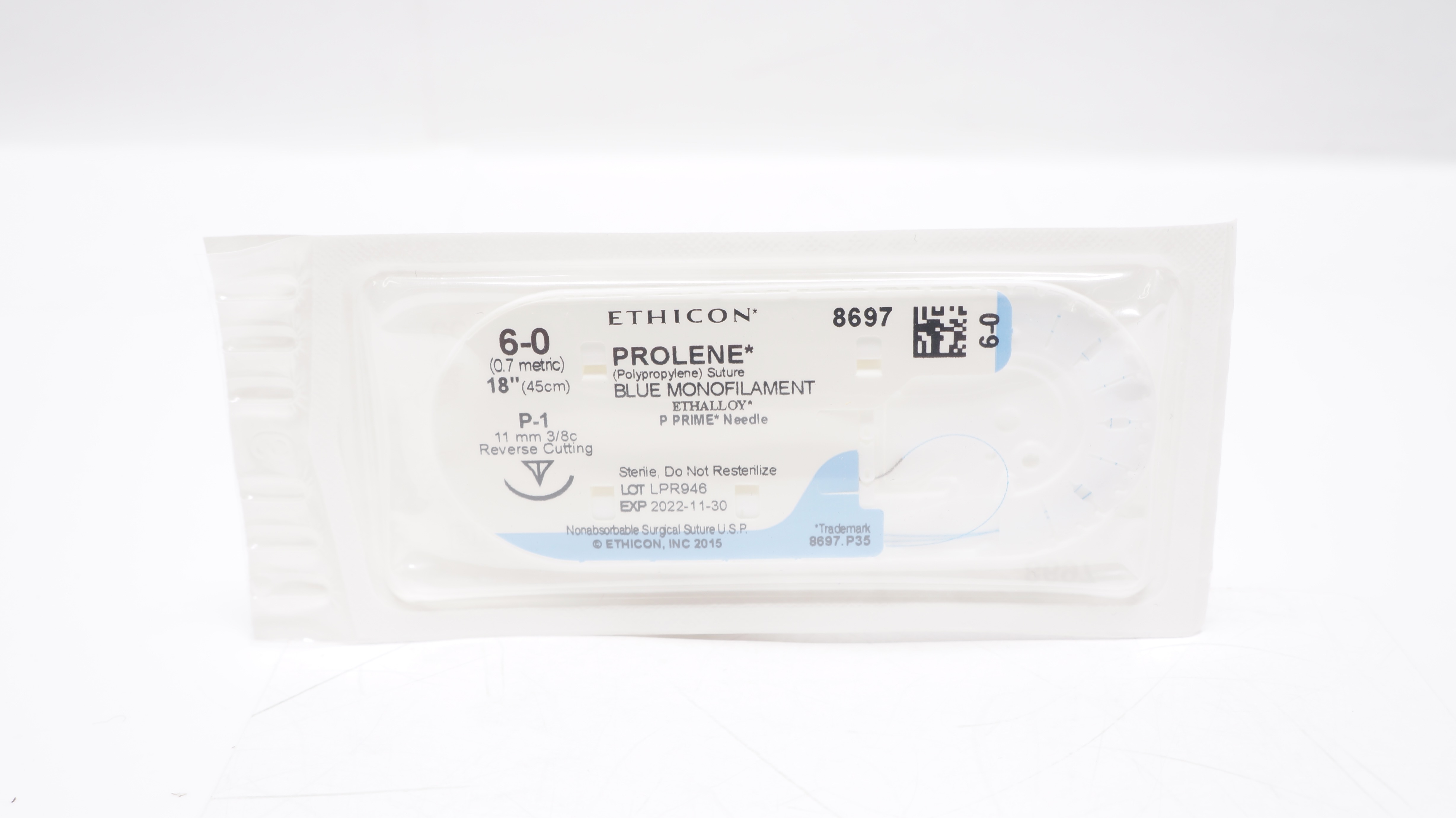 Ethicon 8697 6-0 PROLENE Stre P-1 11mm 3/8c Reverse Cutting, 18inch (x)