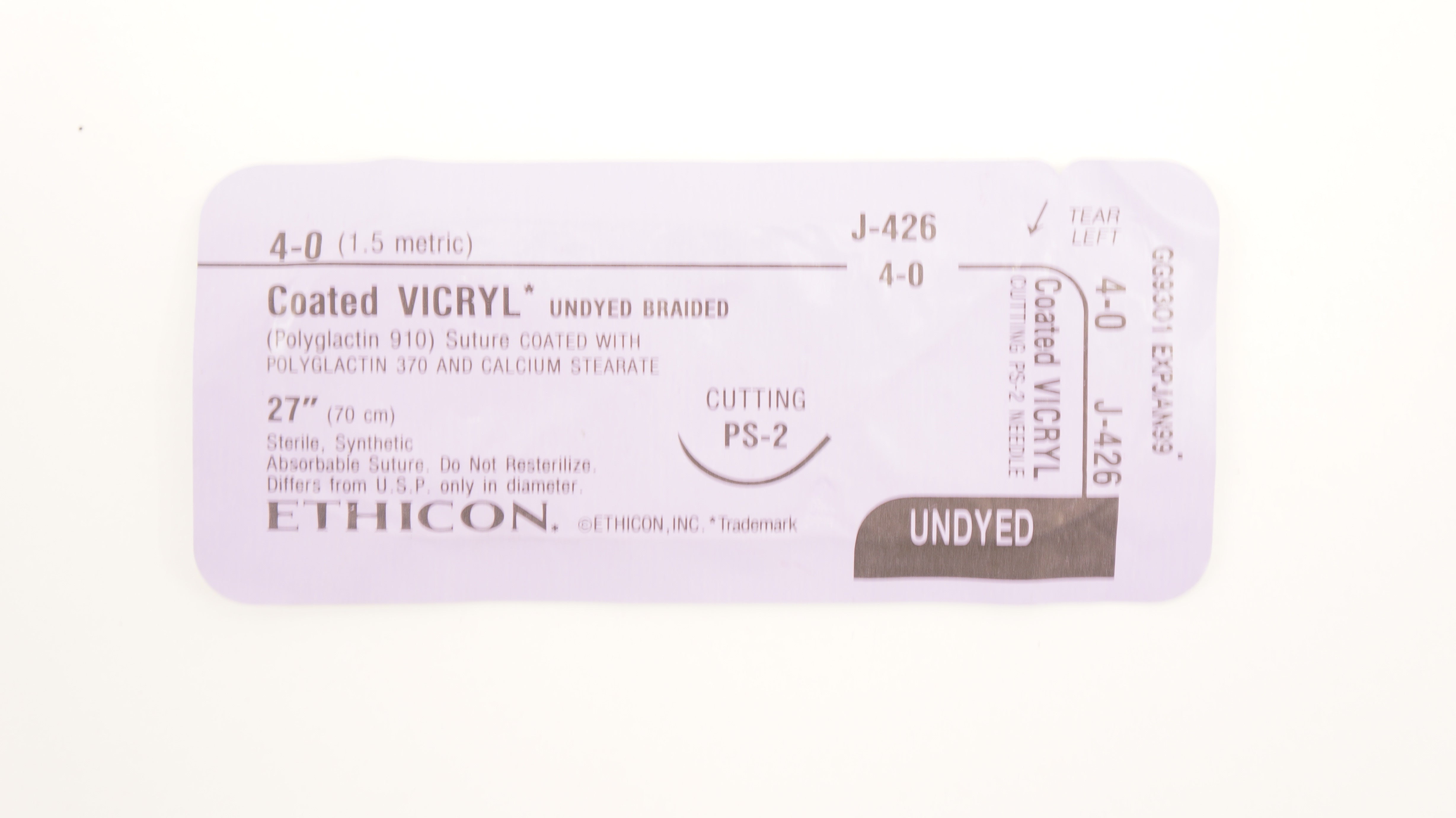 Ethicon J-426 4-0 Coated Vicryl Polyglactin Stre Cutting PS-2 Needle, 27inch (x)