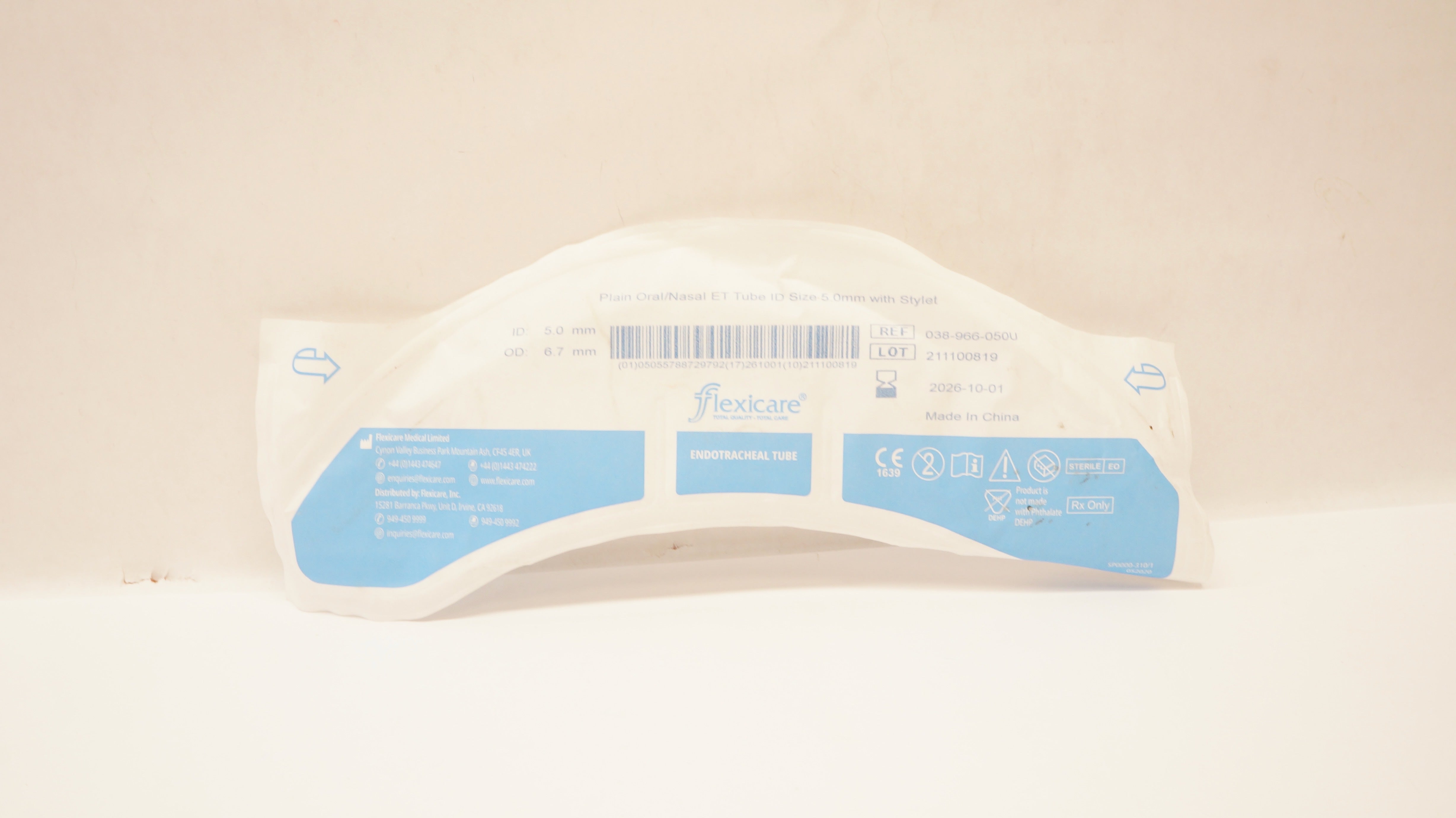 Flexicare 038-966-050U Oral/Nazal Endotracheal Tube w/Stylet 5.0mmID x 6.7mmOD