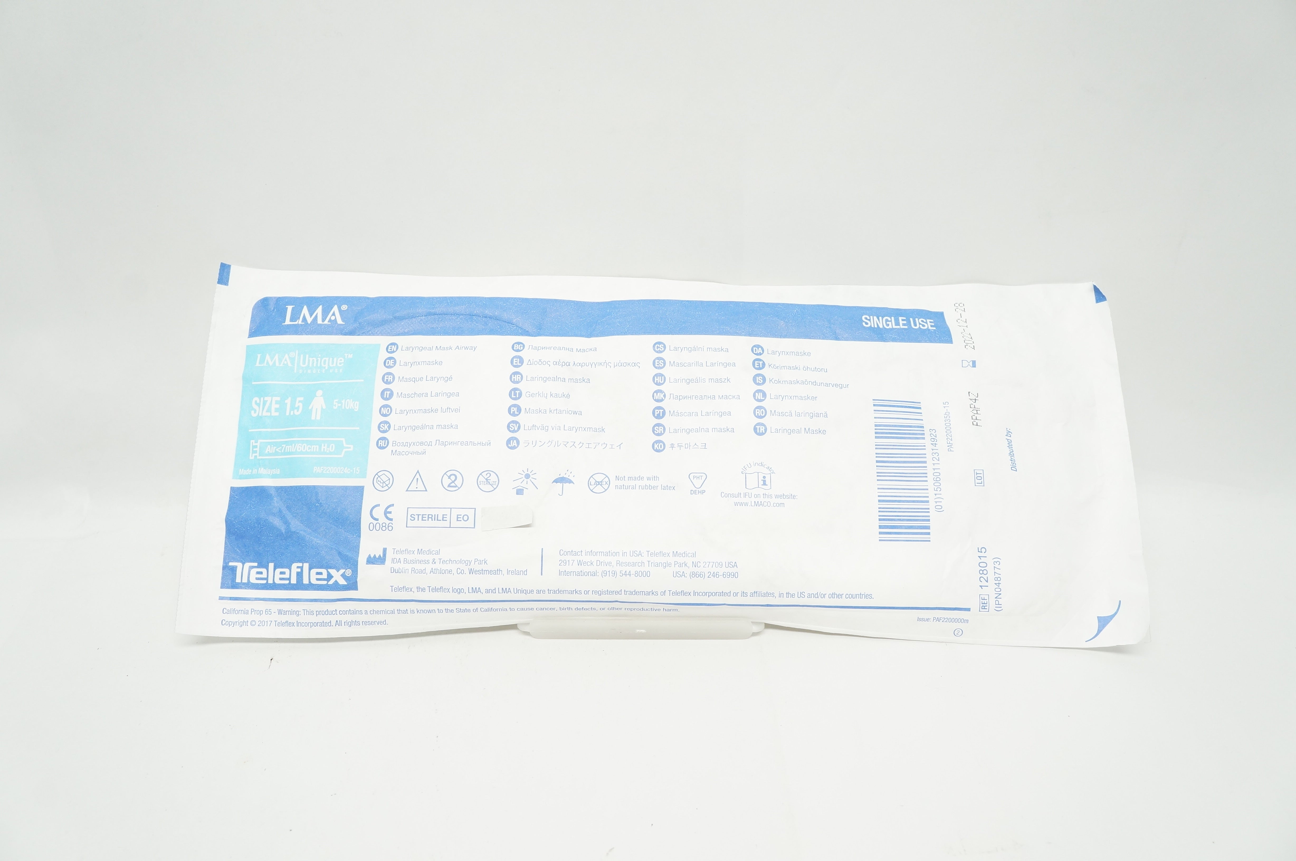 Teleflex 128015 LMA Laryngeal Mask Airway Size 1.5 5-10kg Air<7ml/60cm H2O (x)