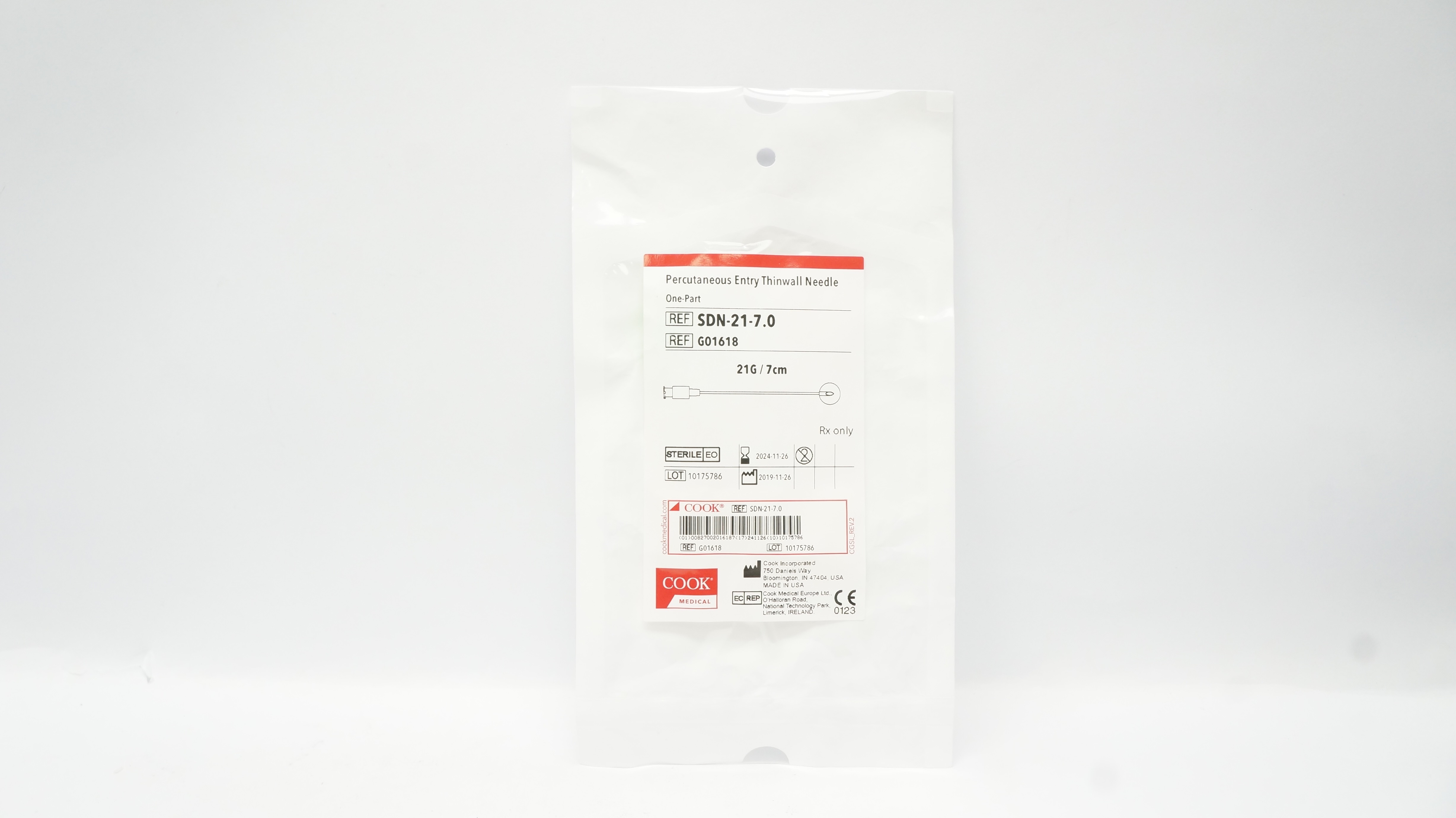 Cook Medical G01618 Percutaneous Entry Thinwall Needle One-Part 21G/7cm  (x)