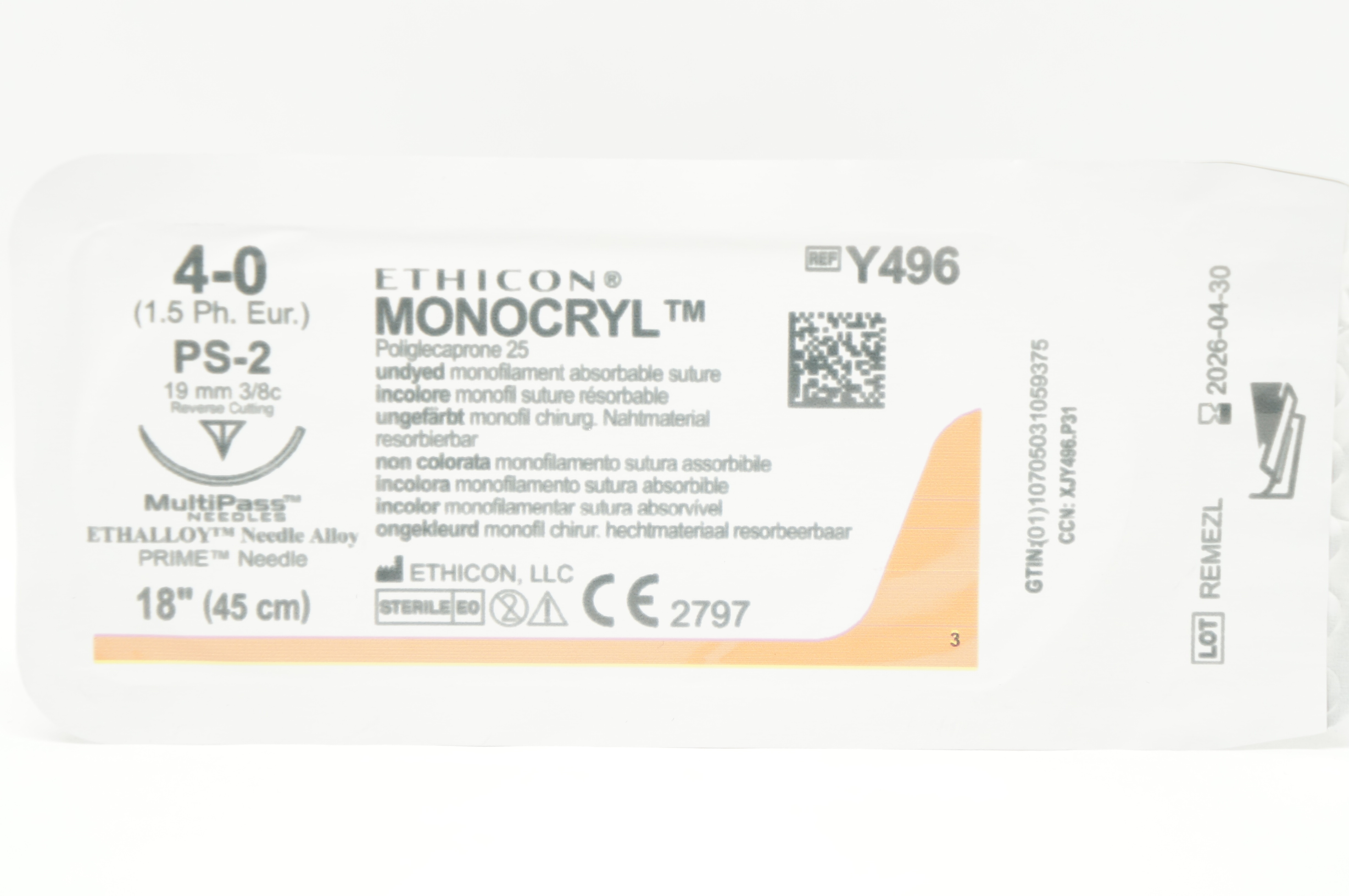 Ethicon Y496 4-0 Monocryl Stre PS-2 19mm 3/8c Reverse Cutting, 18 inch