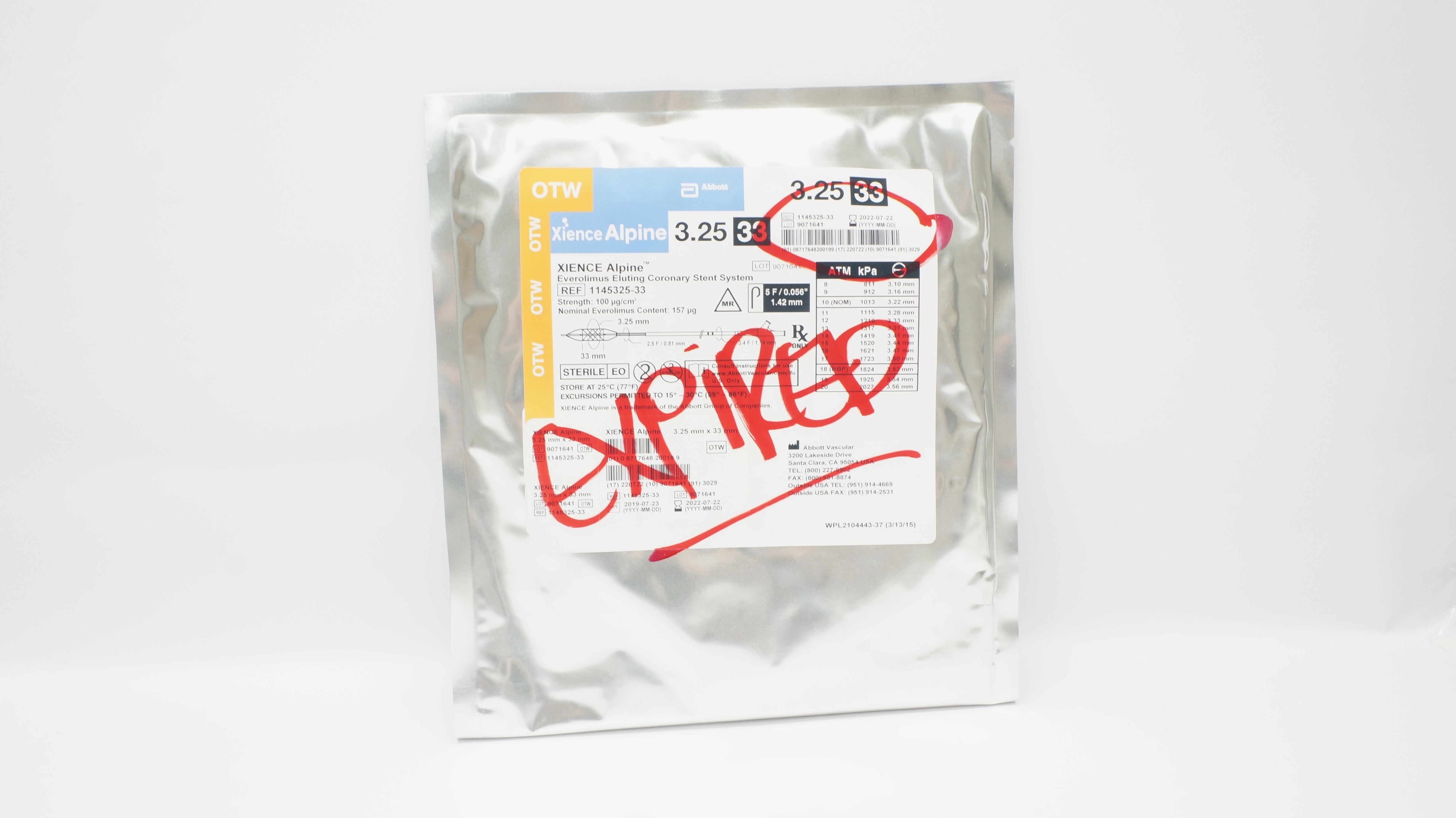 Abbott 1145325-33 XIENCE Alpine Everolimus Eluting Coronary Stnt System (x)