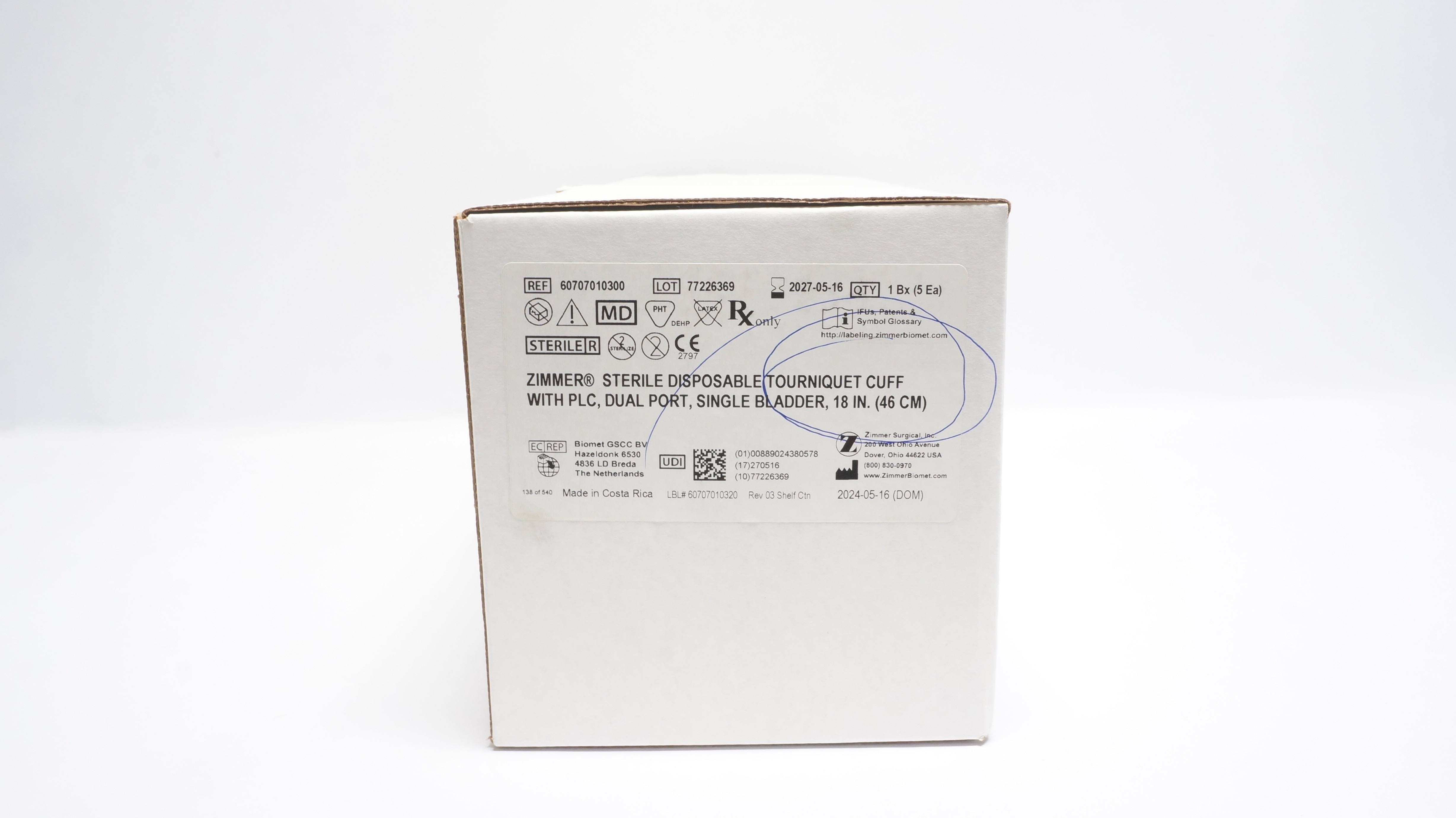 Zimmer 60707010300 Disposable Tourniquet Cuff Port Single Bladder 18in-Box of 5