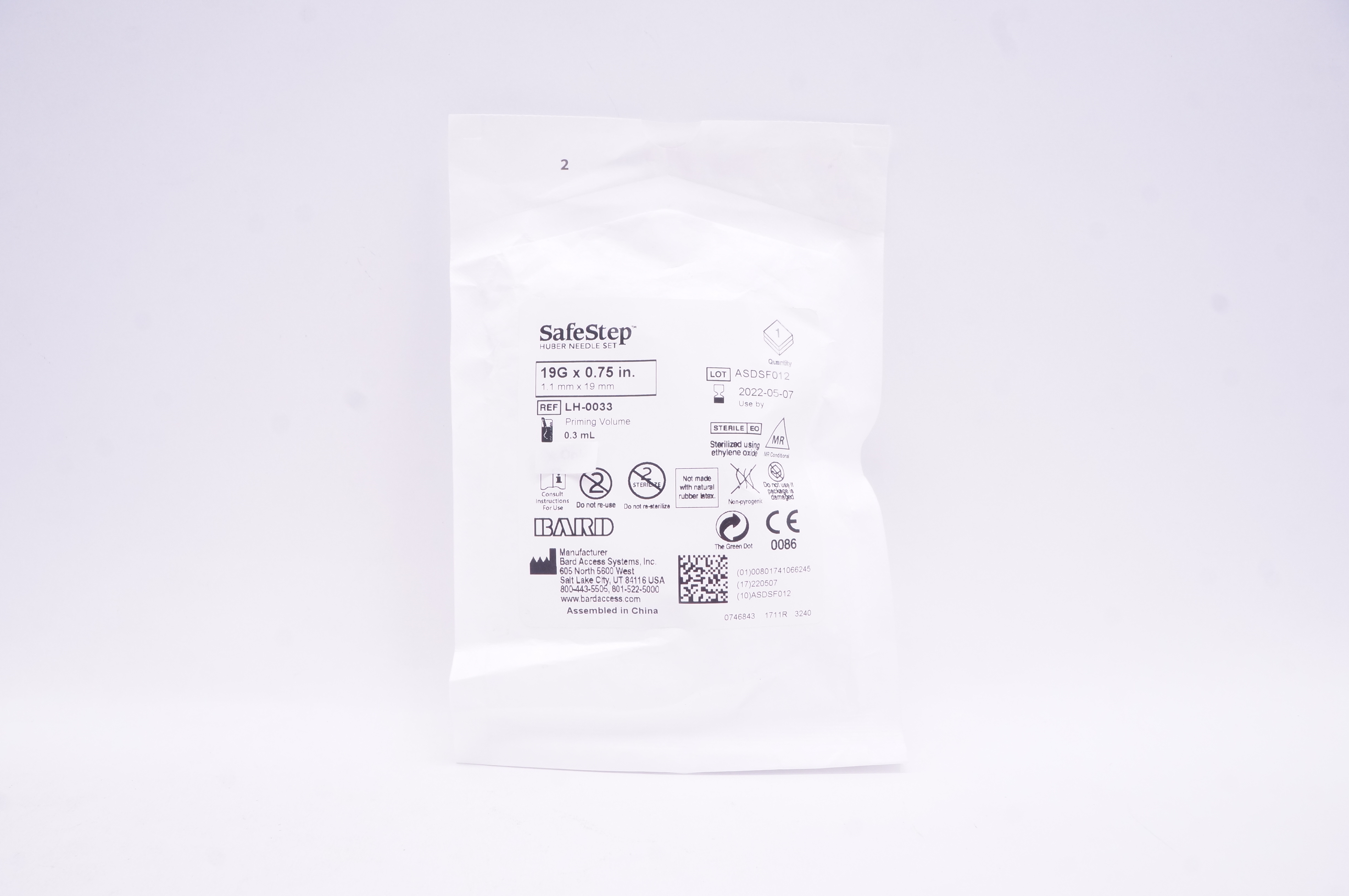 Bard LH-0033 SafeStep Huber Ndle Set 19G x 0.75 inch, Priming Volume 0.3mL