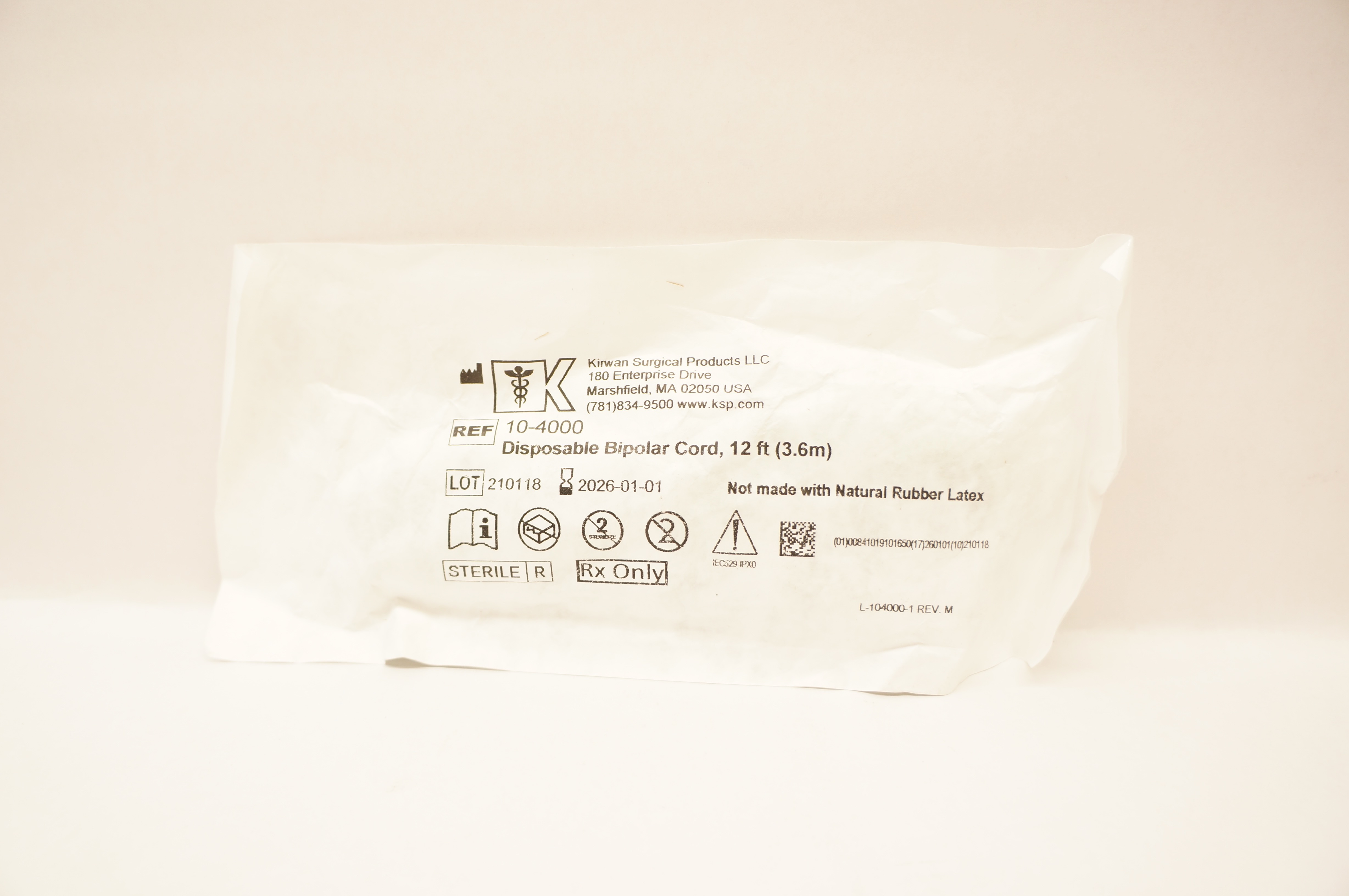 Kirwan Surgical 10-4000 Disposable Bipolar Cord 12ft