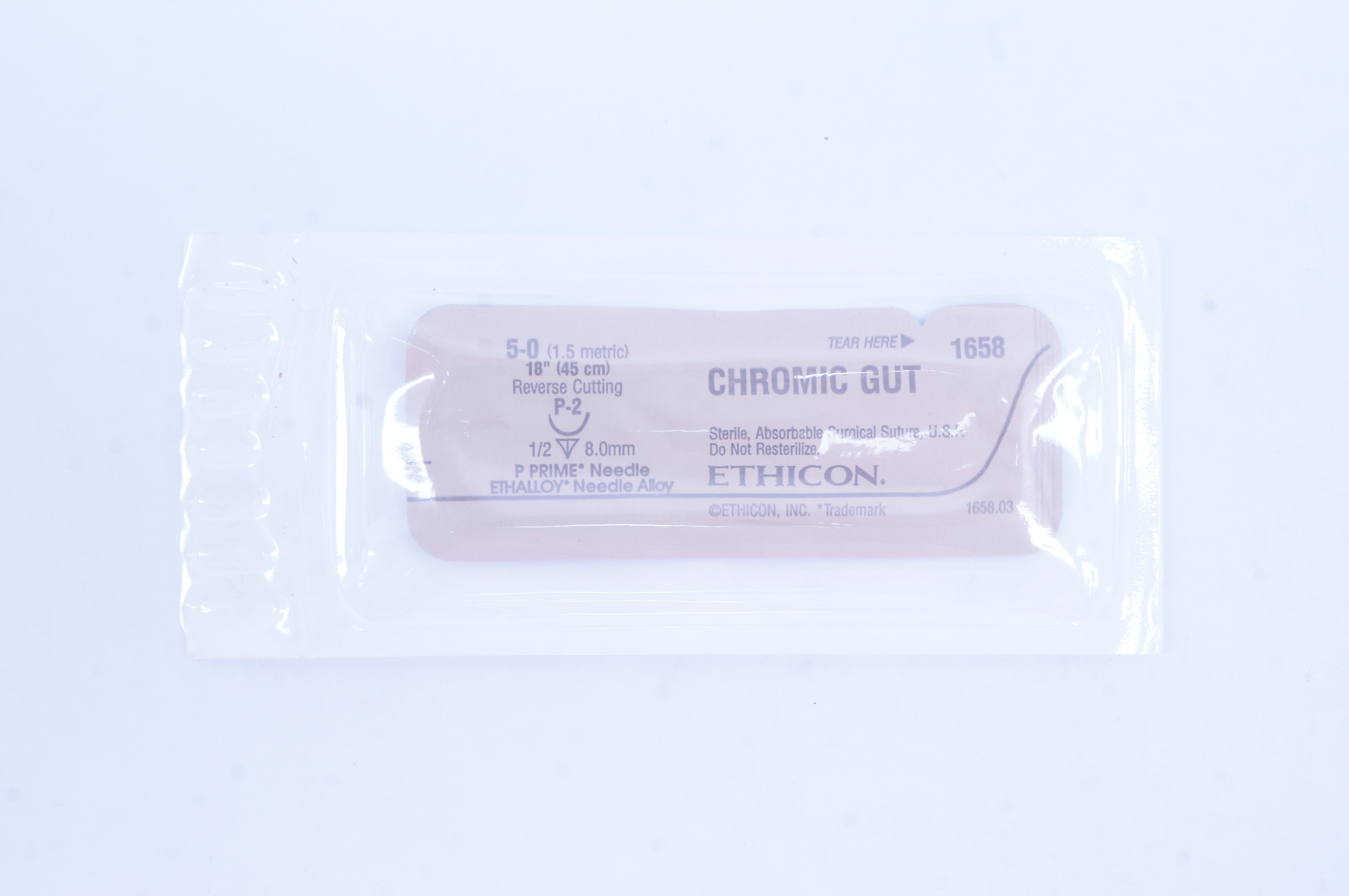 Ethicon 1658 5-0 CHROMIC GUT, P-2, 8.0mm 1/2c Reverse Cutting, 18inch (x)