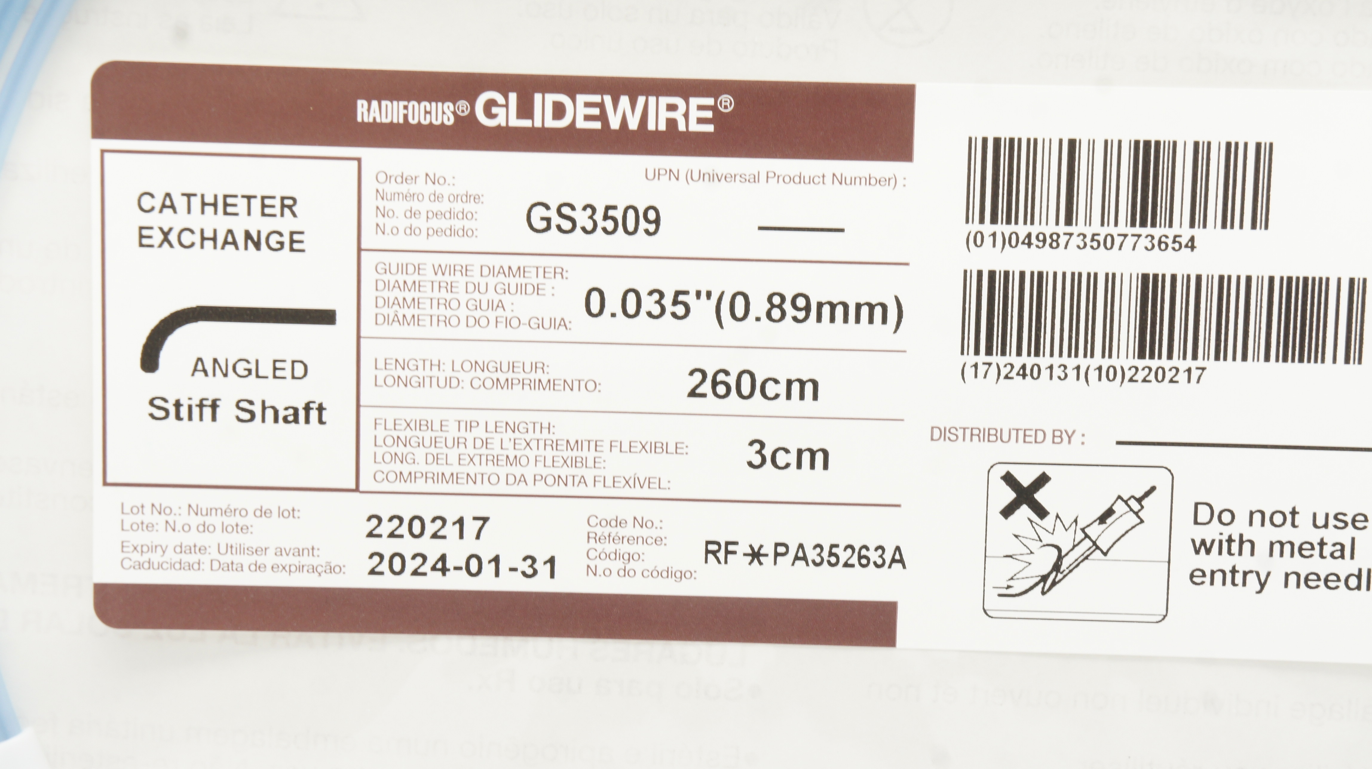 Terumo PA35263A Glidewire Cath. Exchange, Angled .035inch x 260cm x 3cm (x)