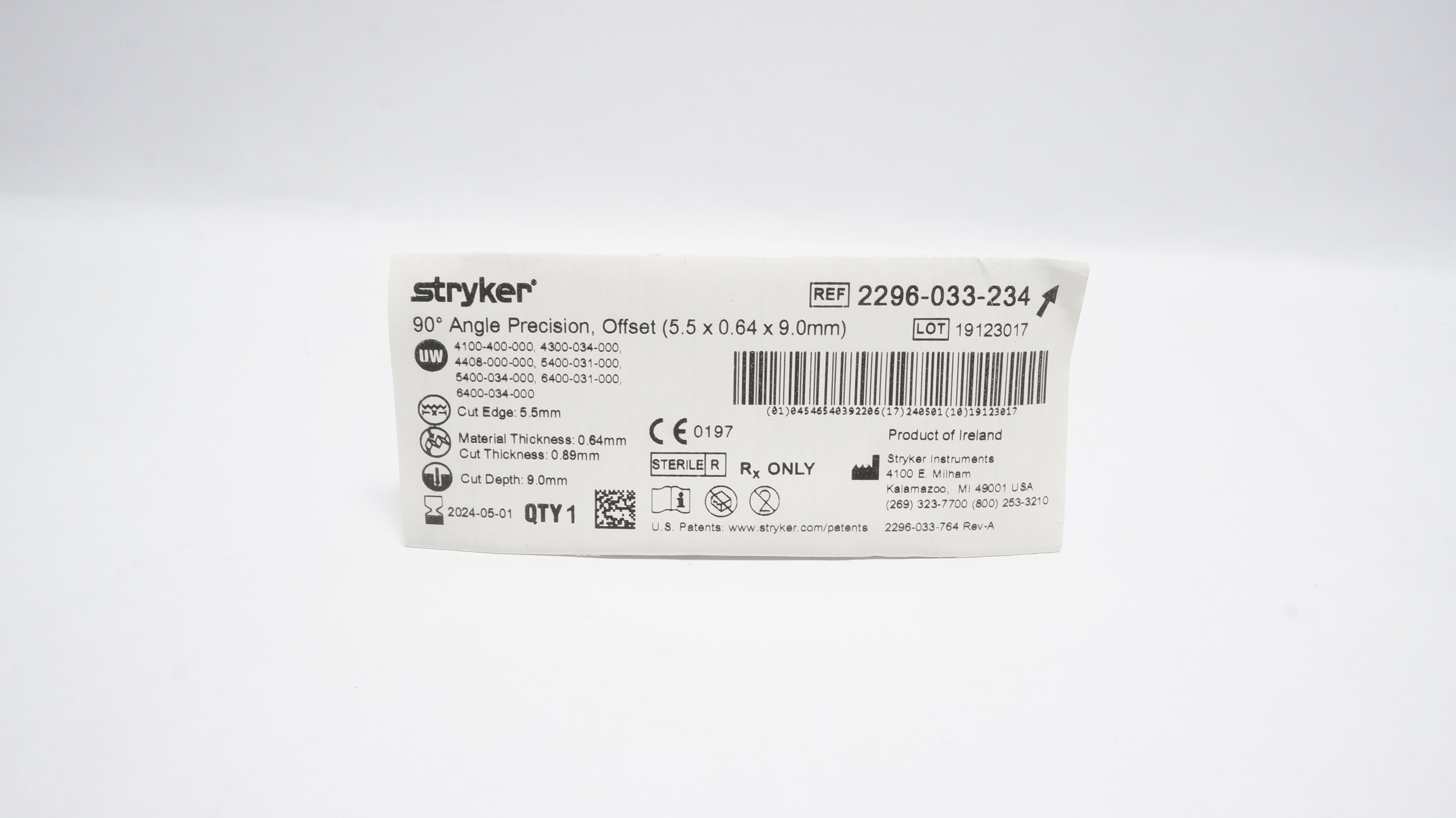 Stryker 2296-033-234 90°Angle Precision Offset 5.5 x 0.64 x 9.0mm (x)