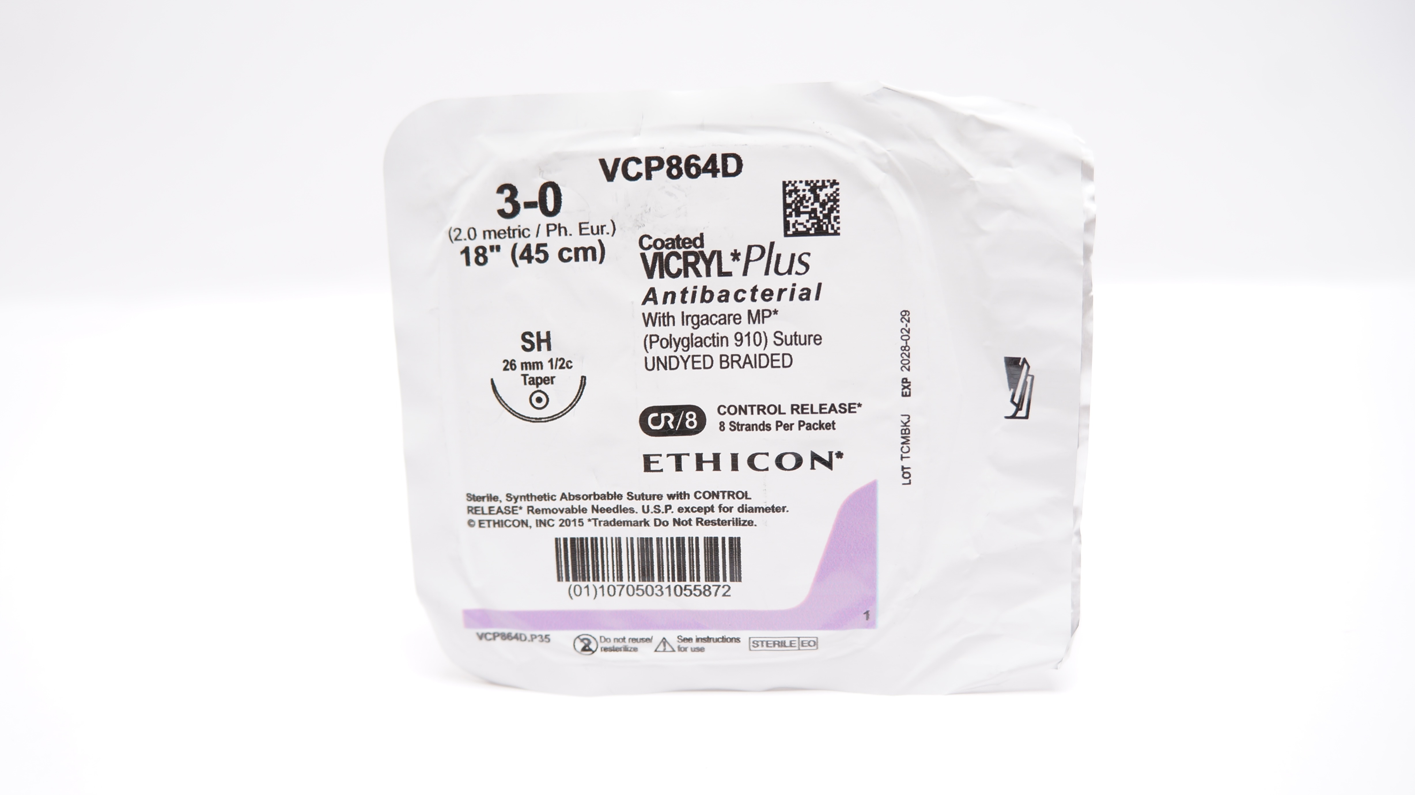 Ethicon VCP864D 3-0 Coated Vicryl Plus, SH,  26mm 1/2c Taper, 18inch