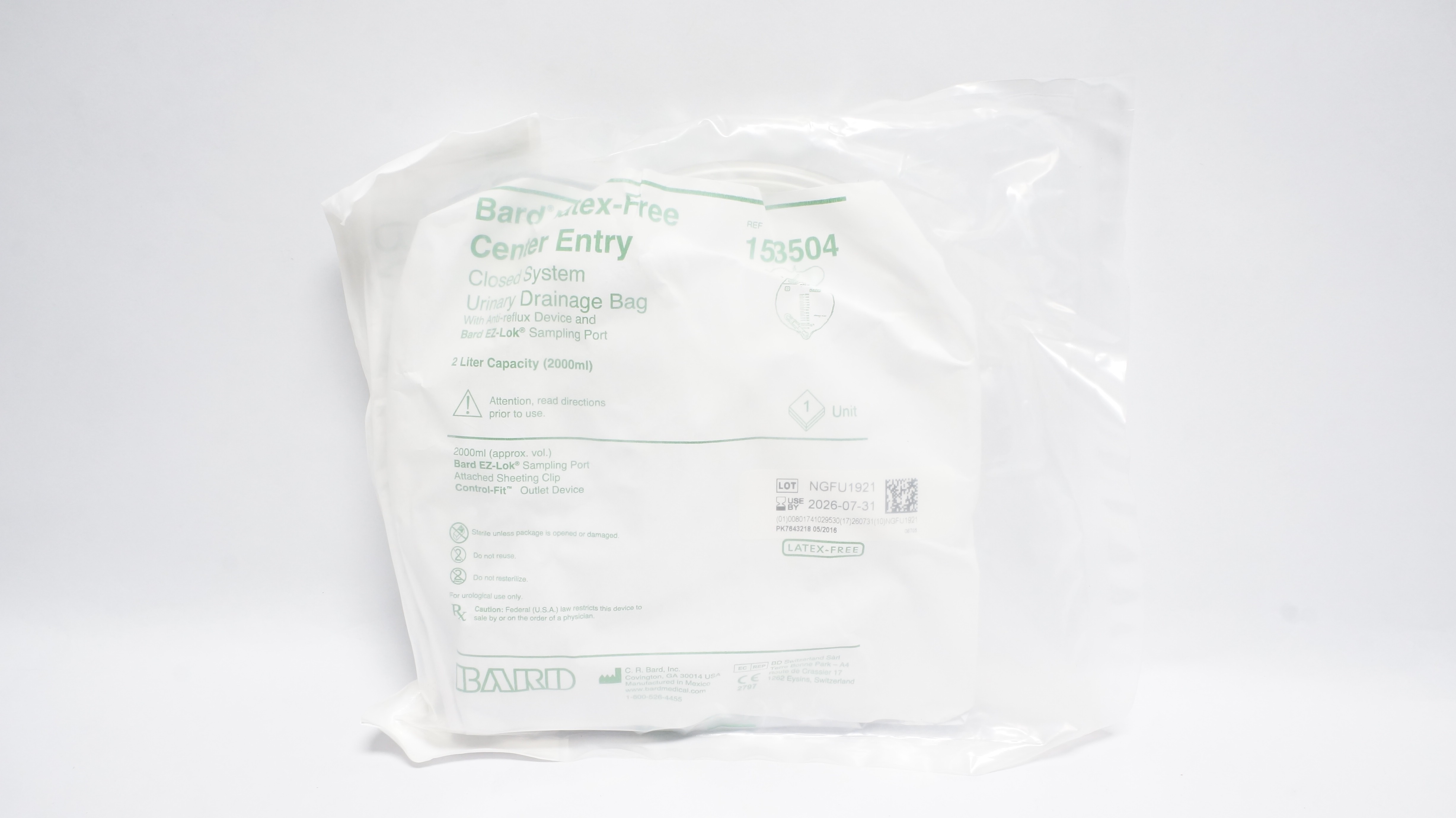 Bard 153504 Latex-Free Center Entry Closed System Urinary Drainage Bag