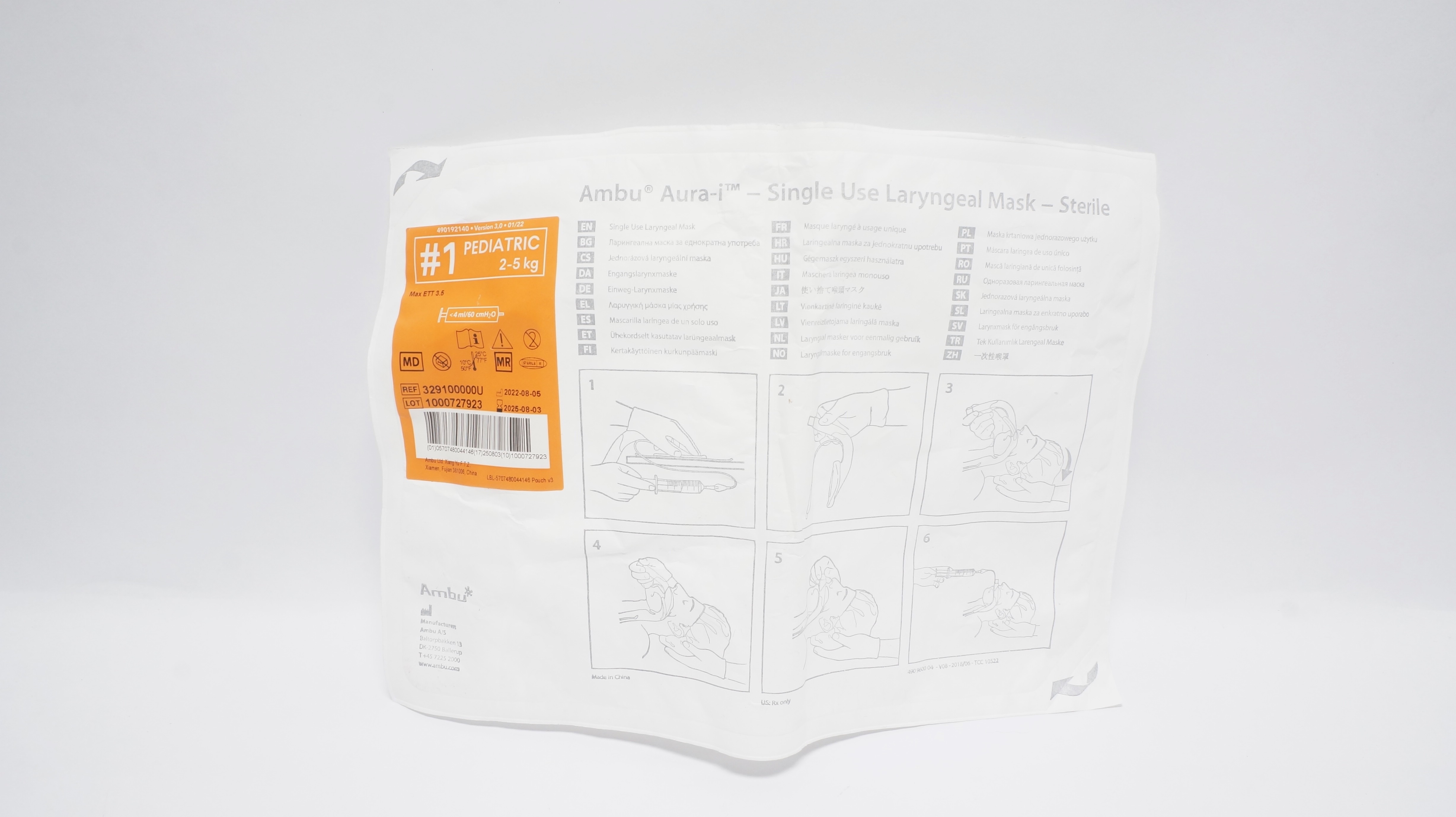 Ambu 329100000U Pediatric Single Use Laryngeal Mask 2-5kg #1, <4ml/60cmH2O (x)