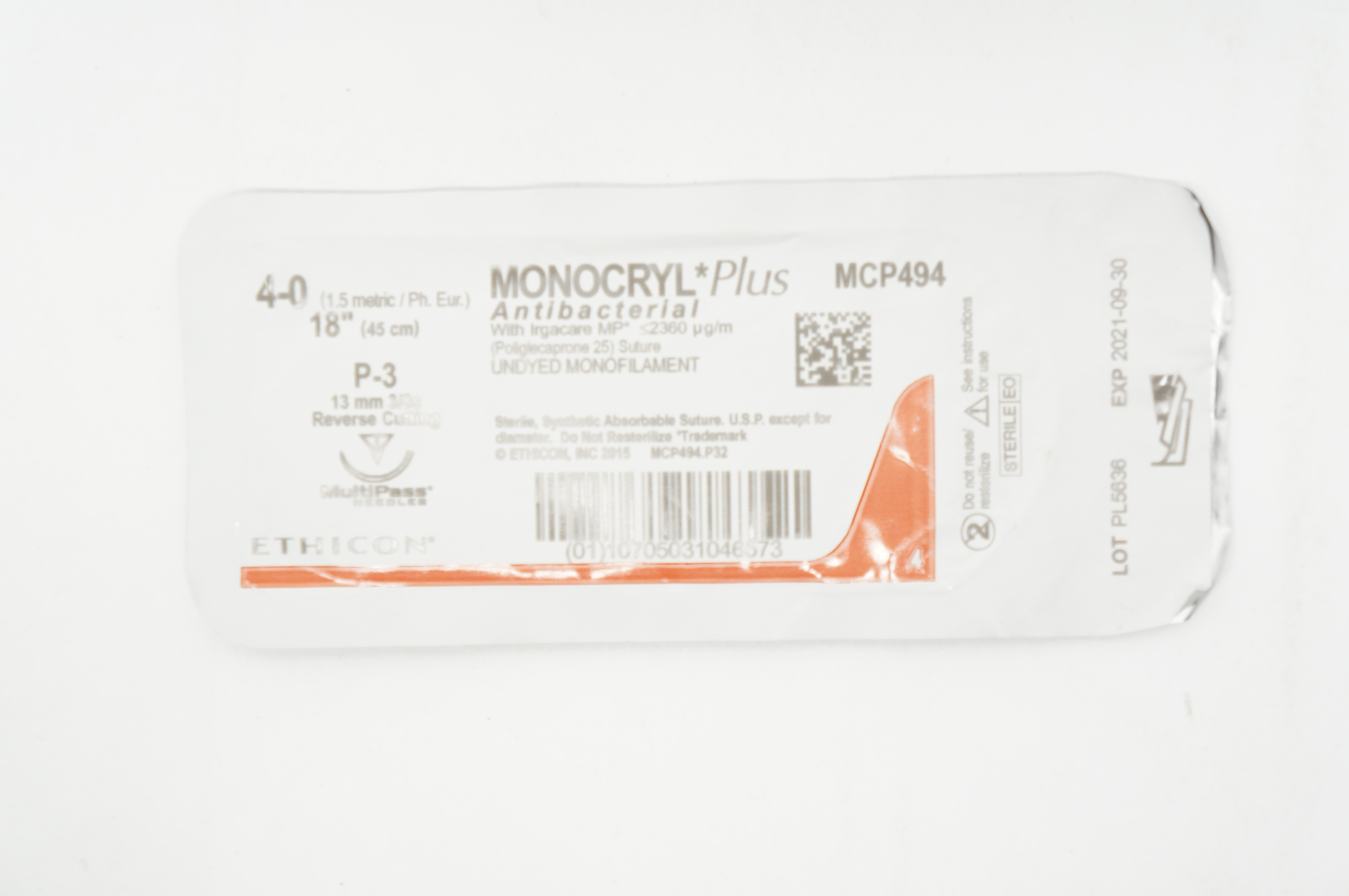 Ethicon MCP494 4-0 MONOCRYL Plus Stre P-3 13mm 3/8c Reverse Cutting, 18inch (x)